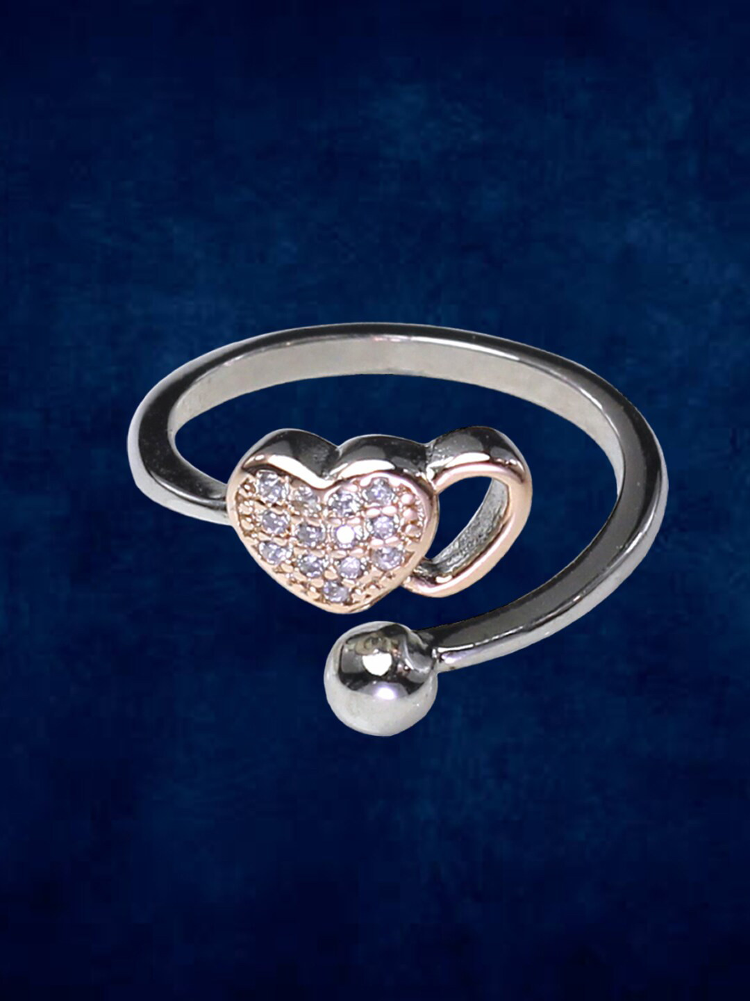 Taraash 925 Sterling Silver Rose Gold-Plated CZ Studded Adjustable Heart Finger Ring