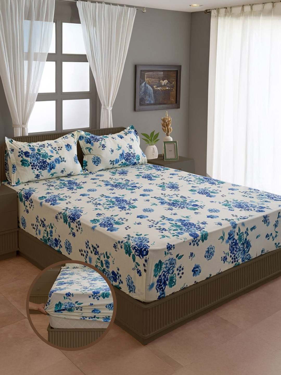 SWAYAM Veda Blue Floral Pure Cotton 160 TC Fitted King Bedsheet with 2 Pillow Covers-108 x 108 inches