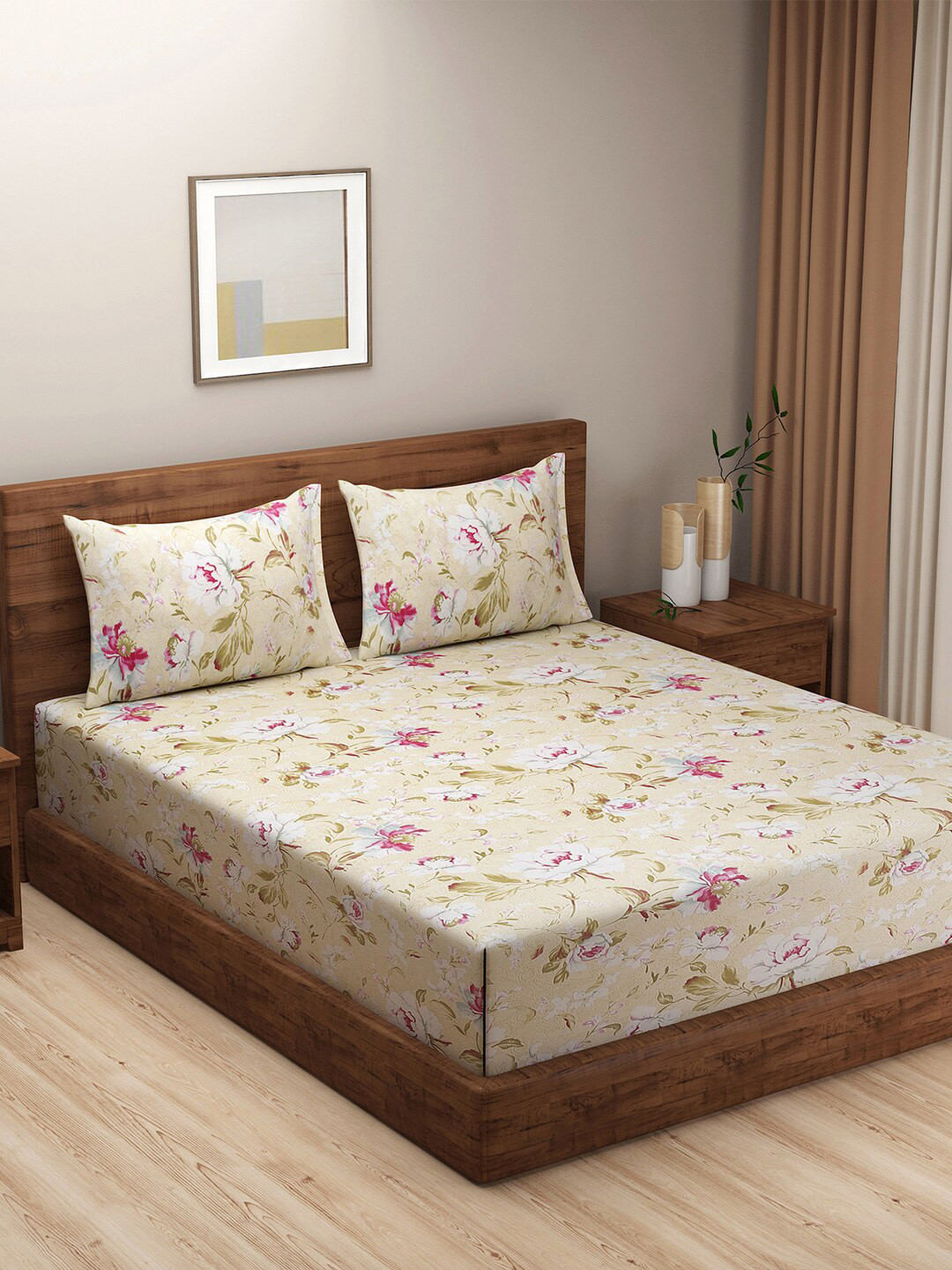 SWAYAM Sparkle Yellow Floral Cotton 144 TC King Bedsheet with 2 Pillow Covers-90 x 108 inches