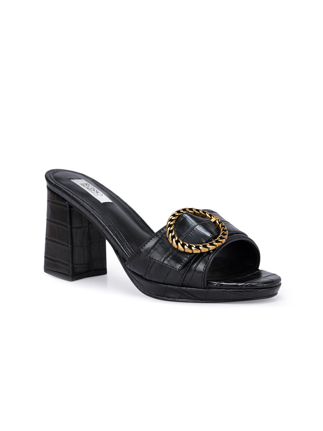 ROSSO BRUNELLO Black Textured Embellished Open Toe Leather Block Loafers