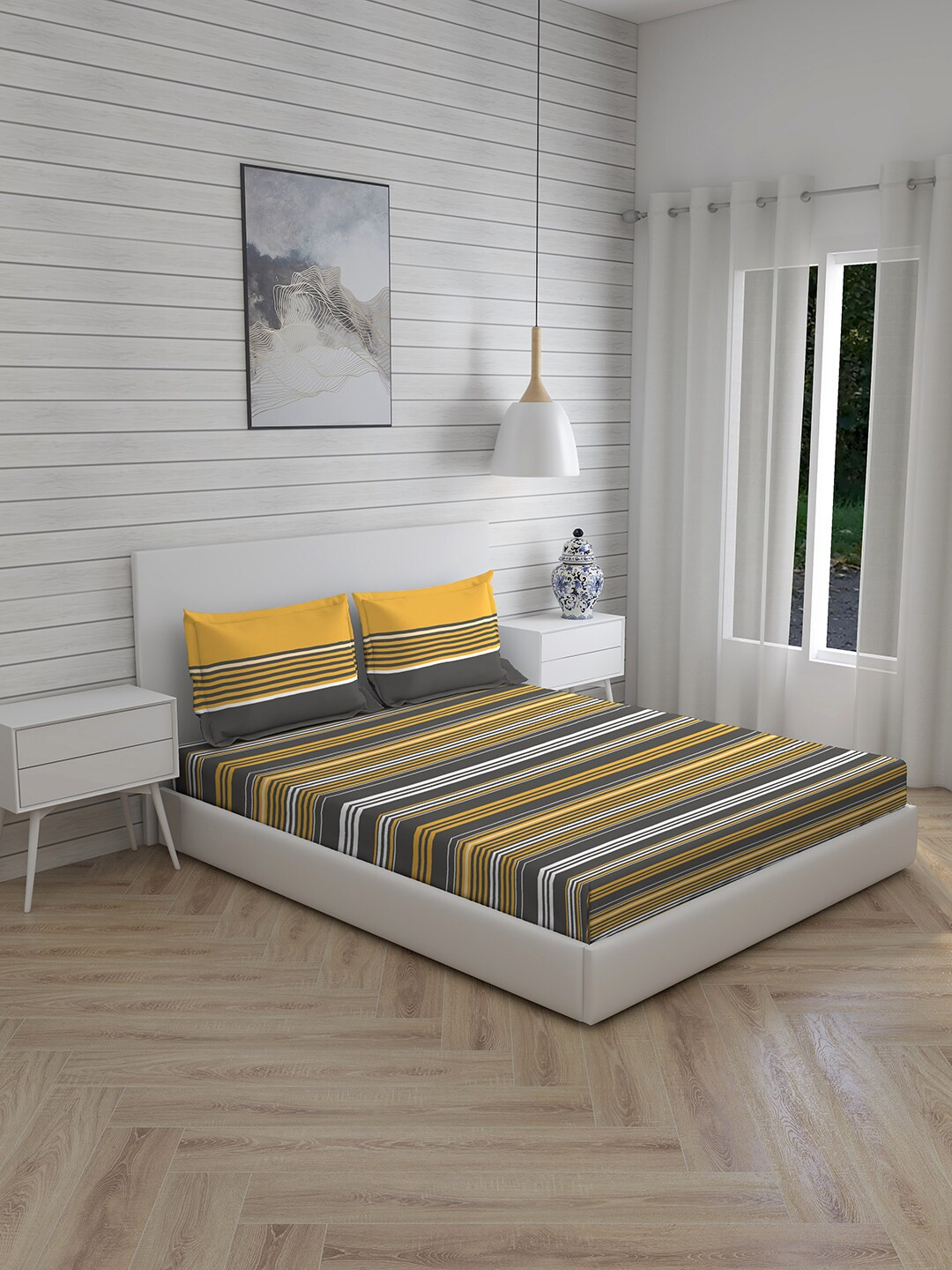 Layers Siena Yellow & White Striped 230 TC Cotton Queen Bedsheet with 2 Pillow Covers