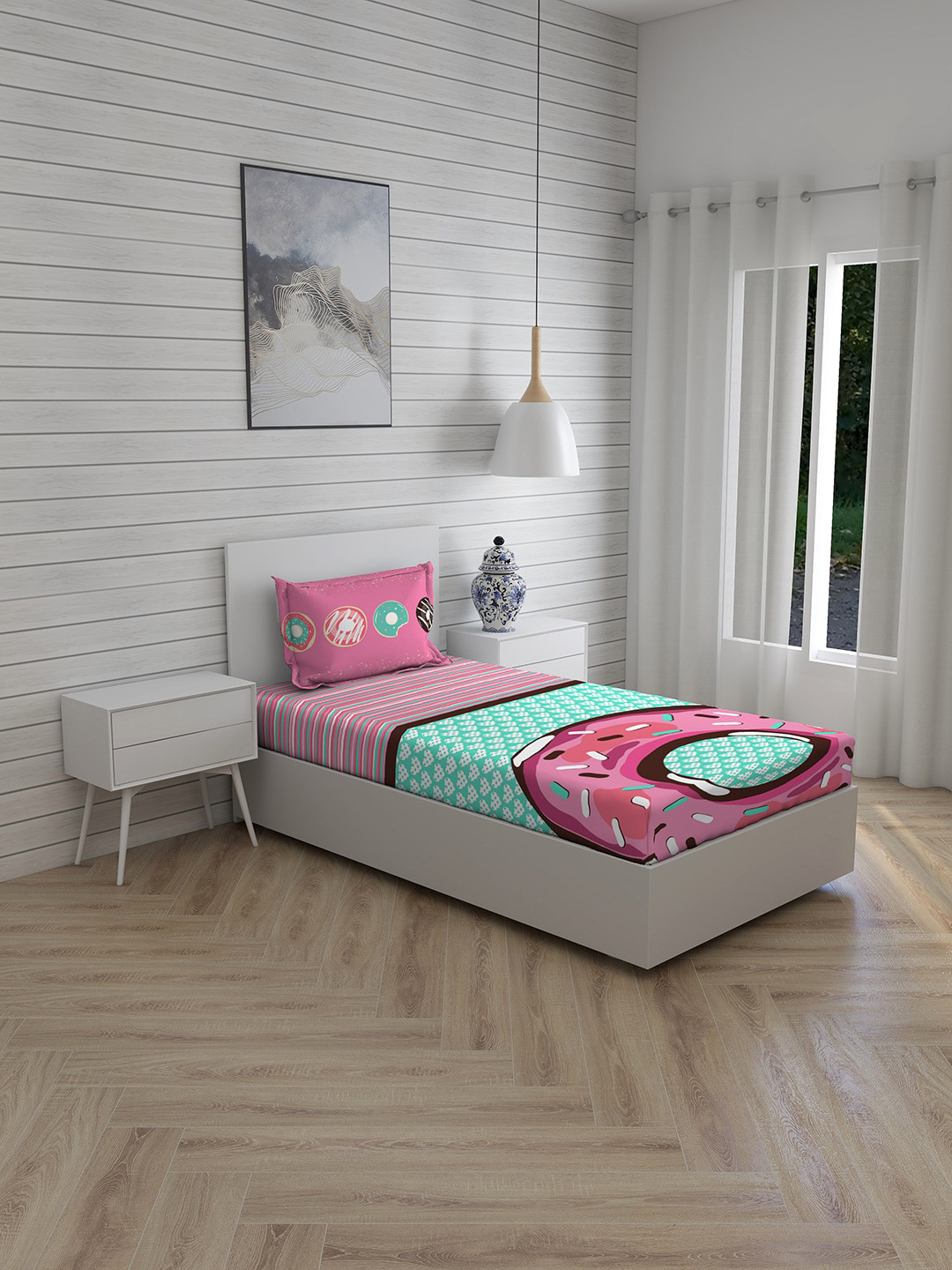 Boutique Living India Rock & Room Pink & Green Ethnic Motifs 200 TC Single Bedsheet with 1 Pillow Cover