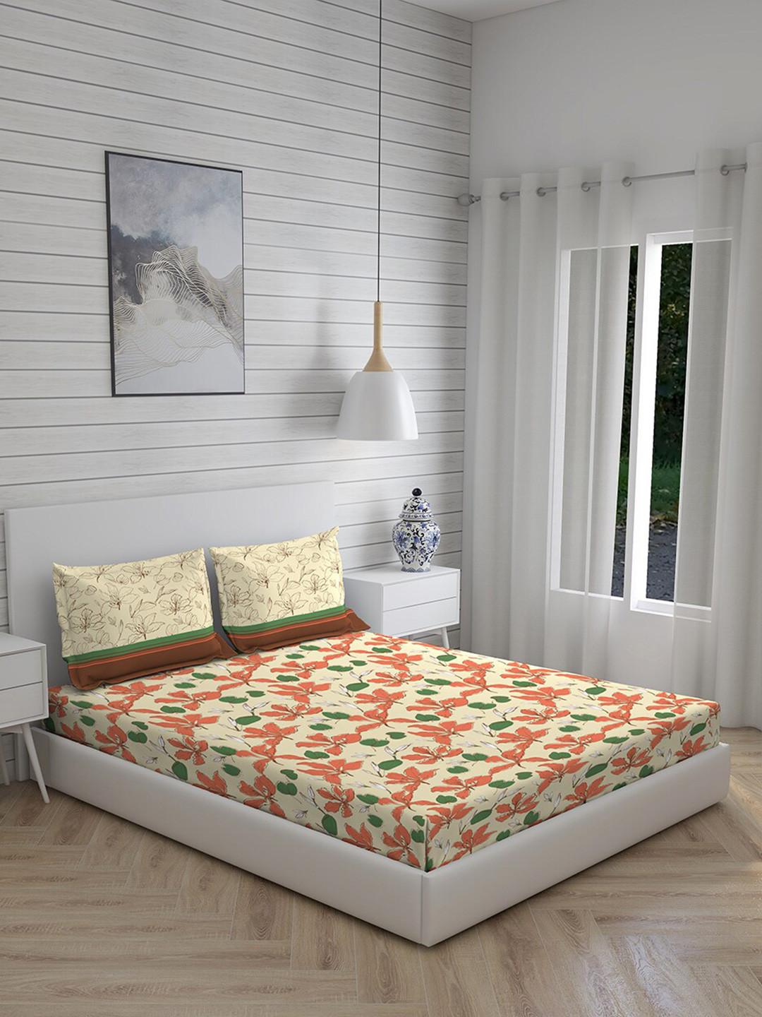 Layers Siena Orange & White Floral 230 TC Cotton Queen Bedsheet with 2 Pillow Covers