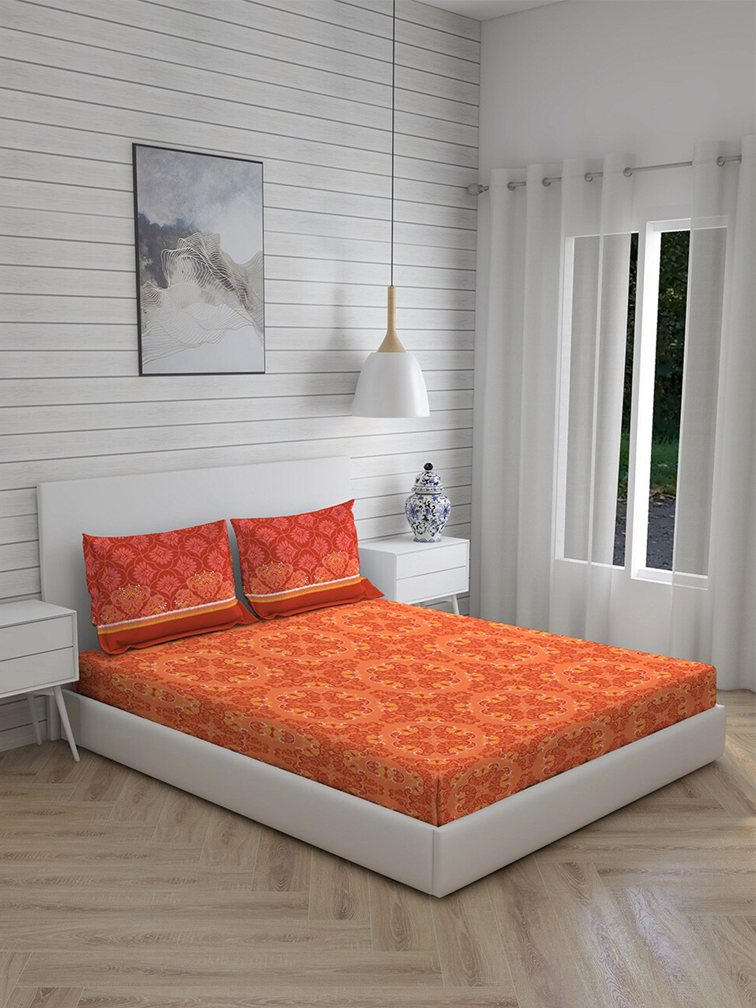 Layers Siena Orange Ethnic Motifs 230 TC Cotton Queen Bedsheet with 2 Pillow Covers
