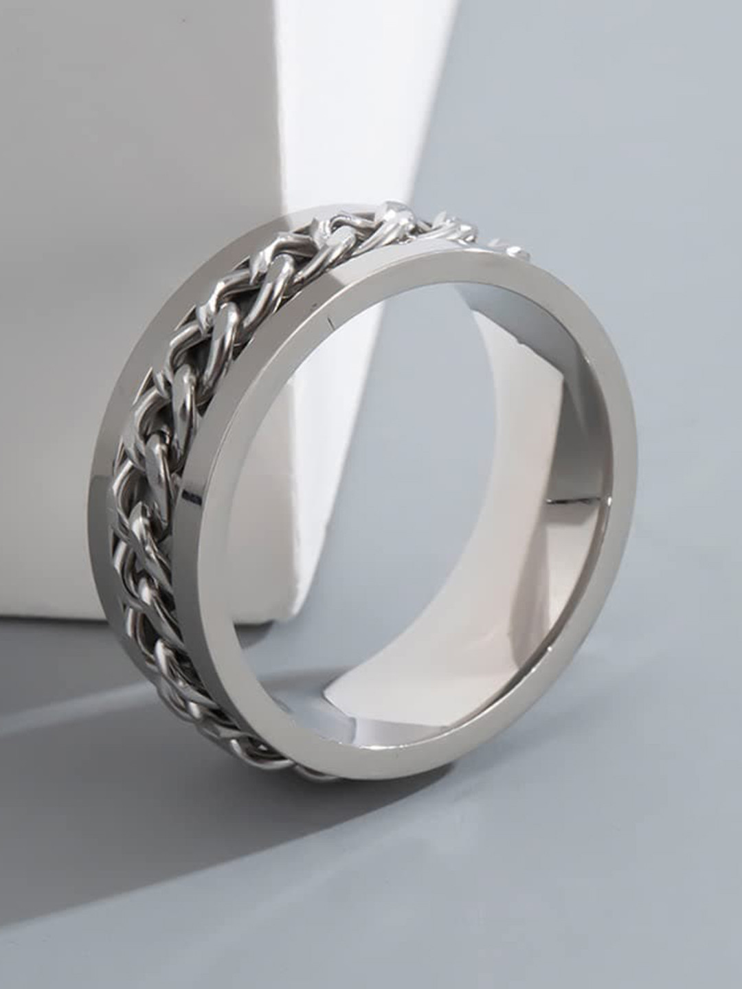 MEENAZ Men Silver-Plated Chain Designed 316L Stainless Steel Finger Ring