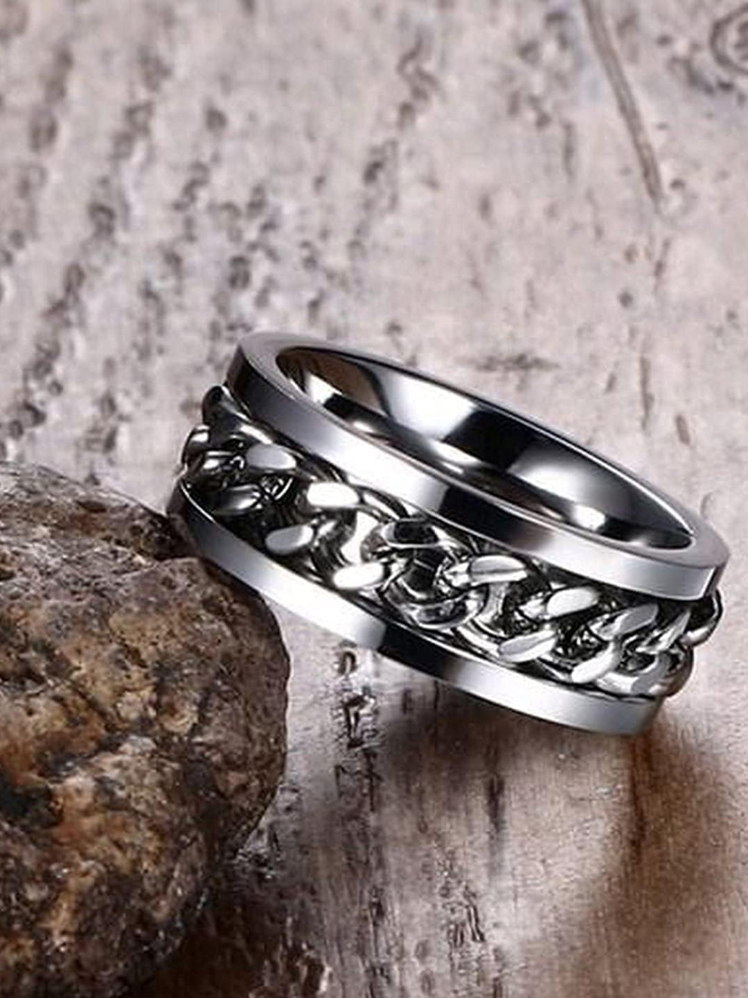 MEENAZ Men Silver-Plated Chain Designed Stainless Steel Finger Ring