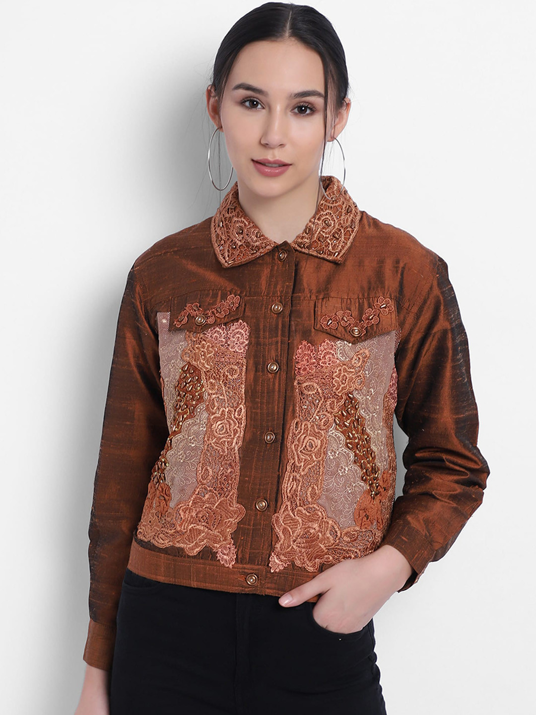 BAESD Women Lace Up Detailed Embellished Silk Tailored Jacket