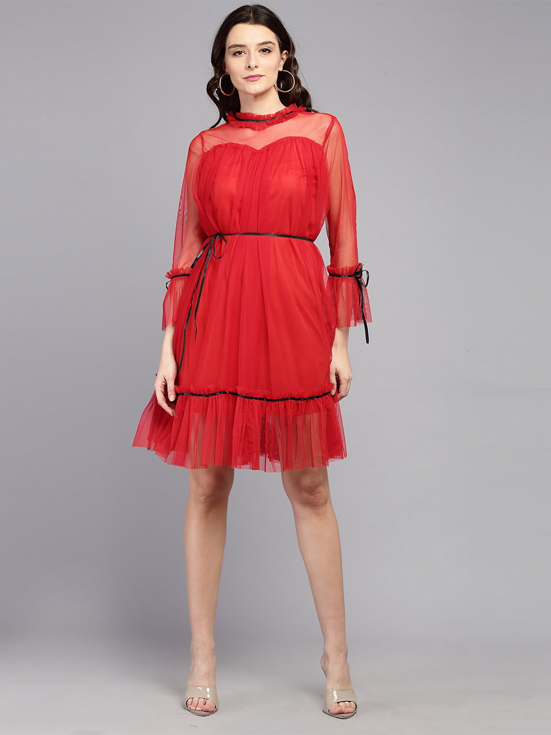 BAESD High Neck Bell Sleeves Net Fit & Flare Dress