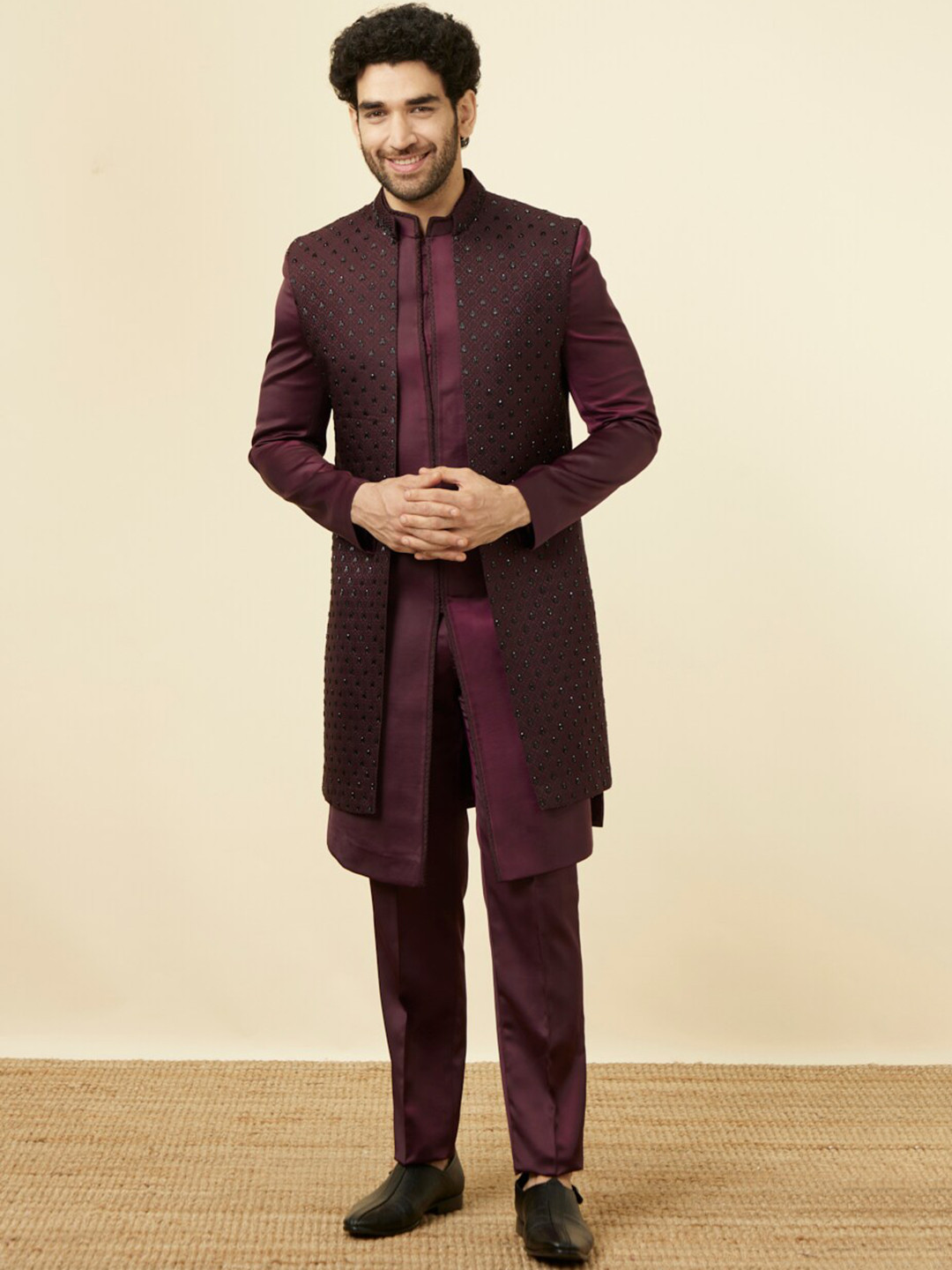 Manyavar Mandarin Collar Self-Design Sherwani Set