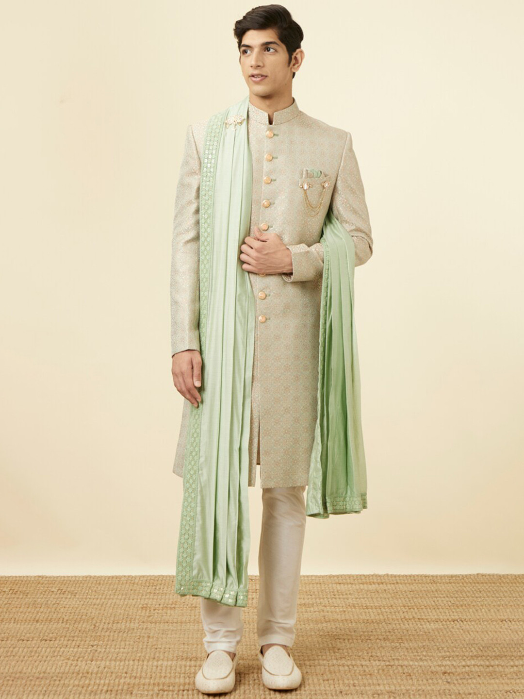 Manyavar Mandarin Collar Woven Design Sherwani Set