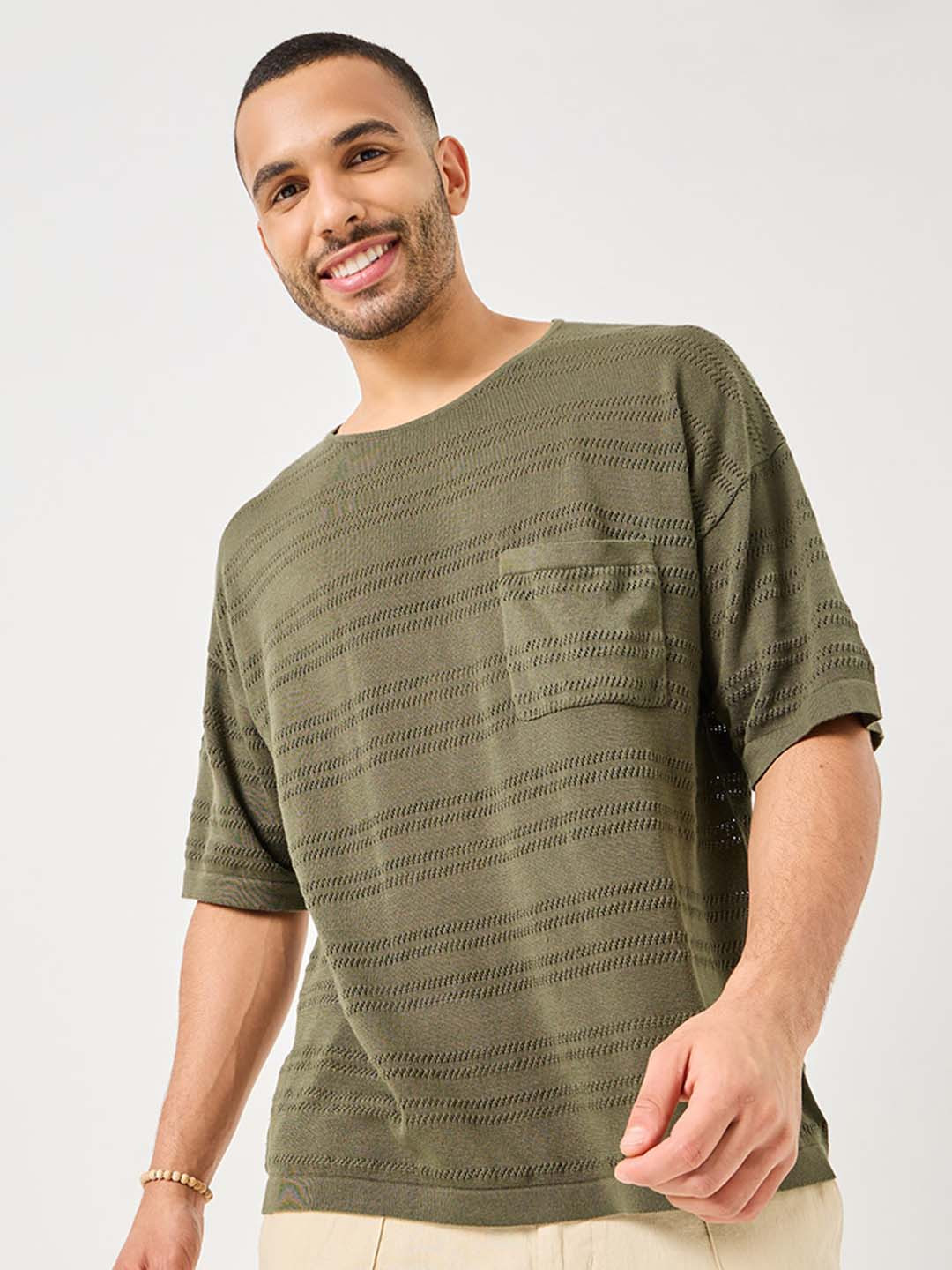 Styli Olive Green Textured Knit Relaxed Fit T-Shirt