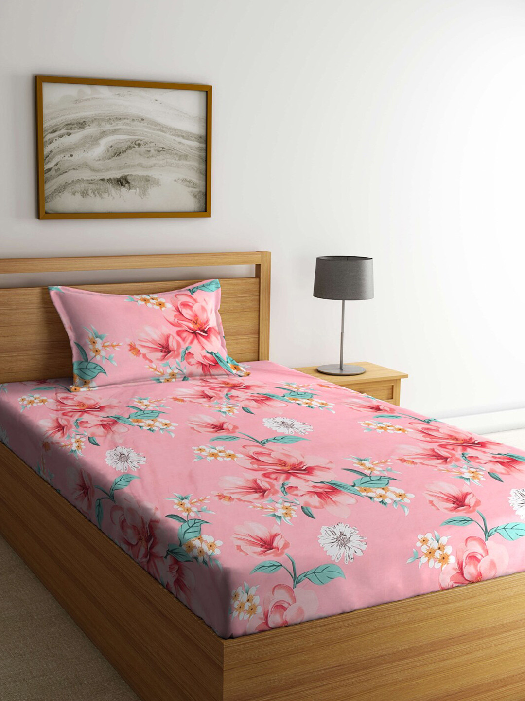 KLOTTHE Pink Floral Cotton 300 TC Single Fine Bedsheet with a Pillow Cover-225 x 150 cm