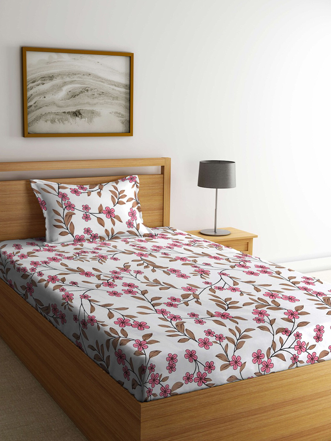 KLOTTHE Book Fold White & Pink Floral 300 TC Single Bedsheet With 1 Pillow Cover