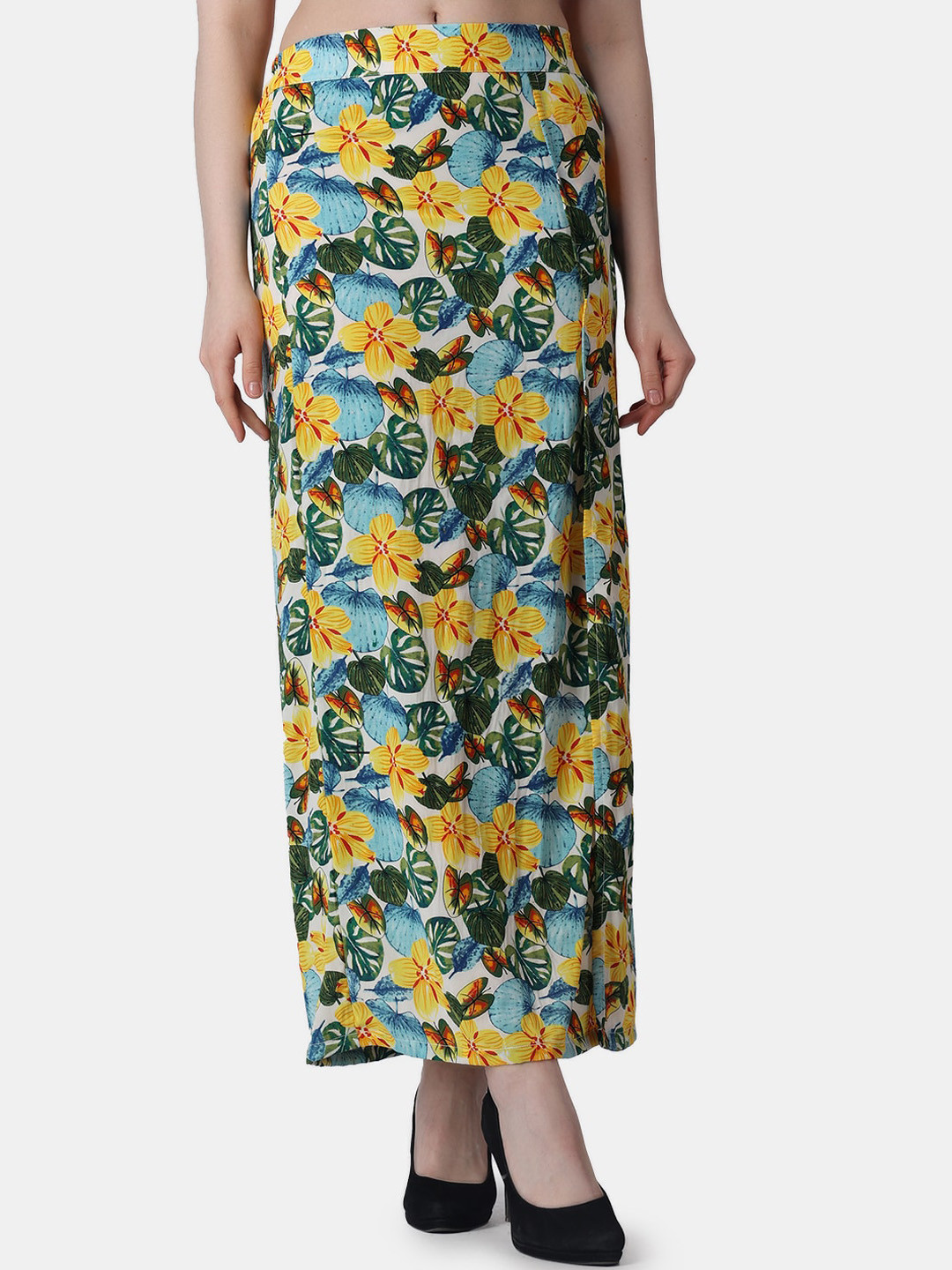 Popwings Floral Printed Maxi Straight Skirt Wit Side Slit