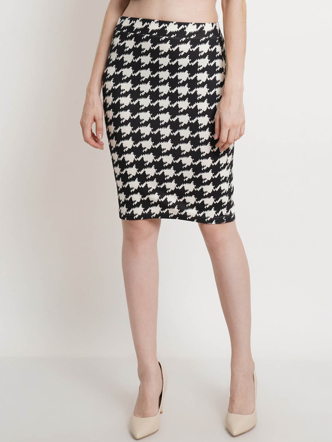 Popwings Houndstooth Printed Knee-Length Pencil Skirt