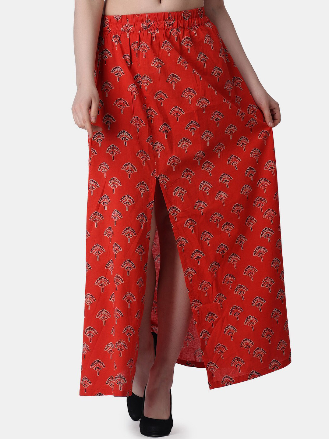 Popwings Floral Printed Pure Cotton Front Slit A-line Maxi Skirt