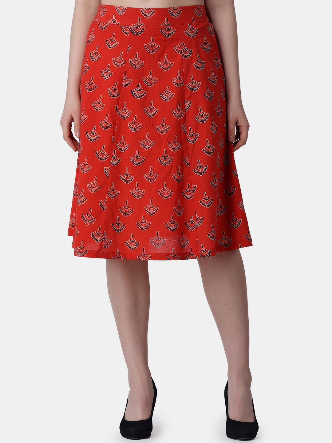 Popwings Ethnic Motif Printed Knee Length Pure Cotton A-Line Skirt