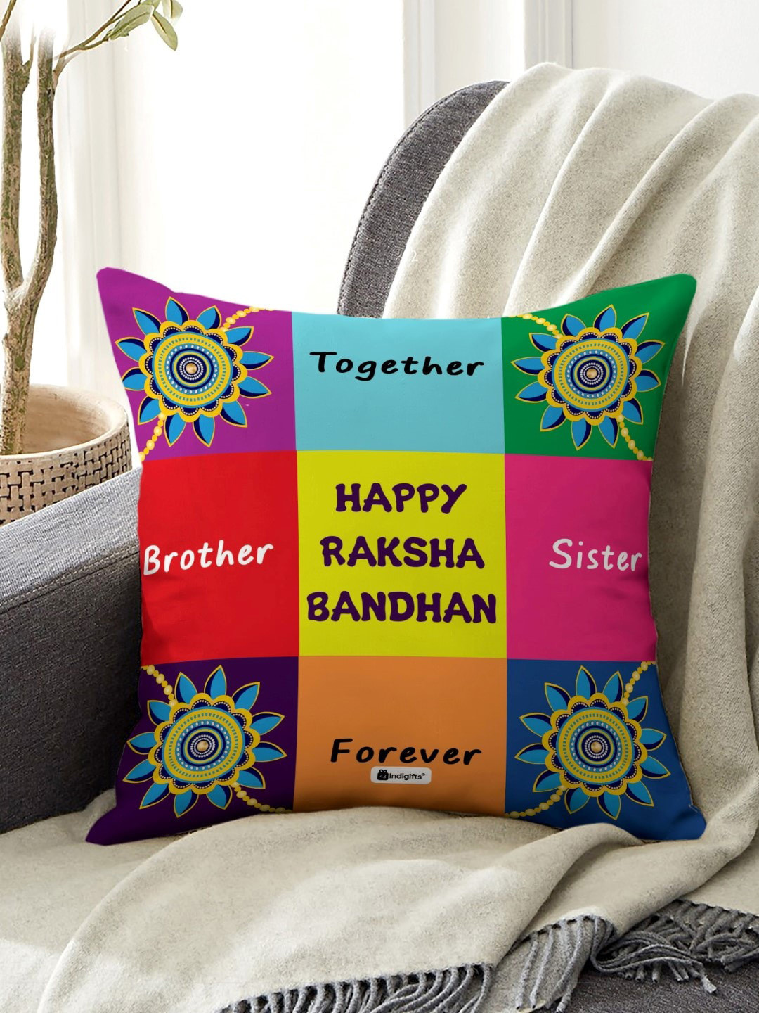 Indigifts Blue & Green Printed Happy Raksha Bandhan Cushion With Filler