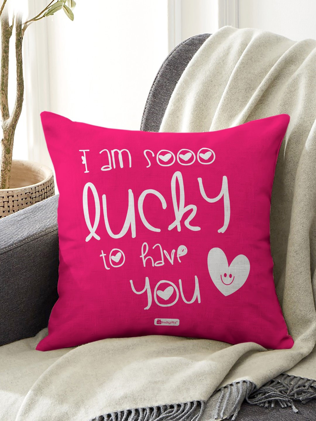 Indigifts Pink & White Text Printed Pre Filled Cushion