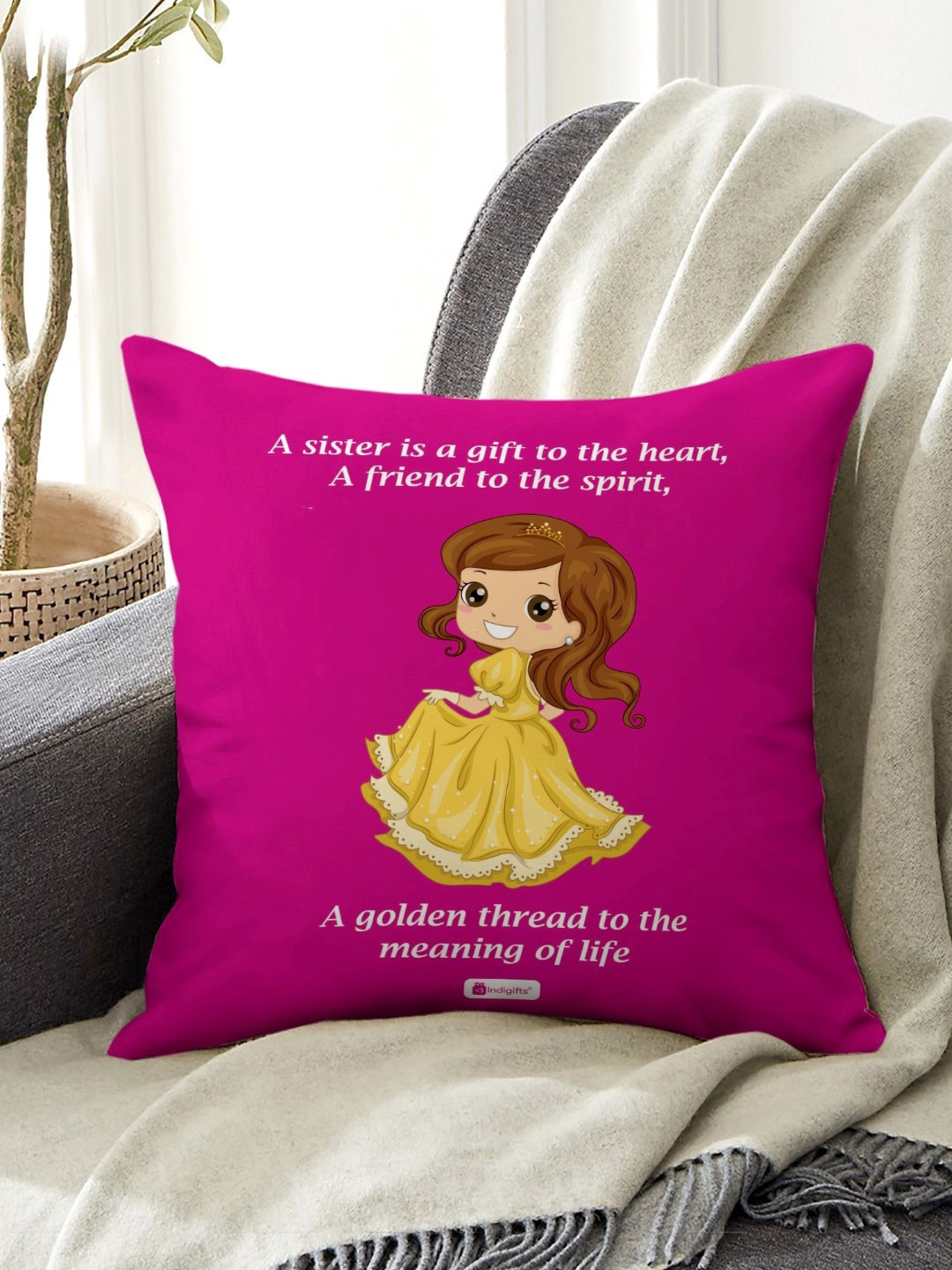 Indigifts Pink Sister Is a Gift Quote Printed Pre-Filled Cushion
