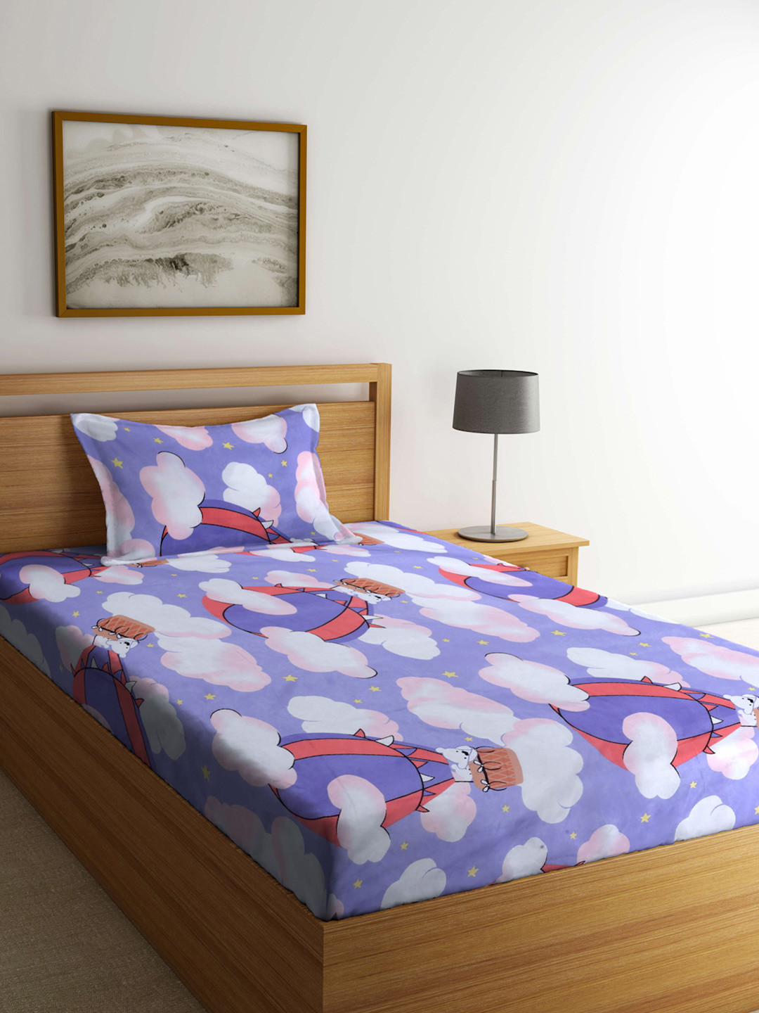 KLOTTHE Purple Conversational Cotton 300 TC Fitted Single Fine Bedsheet with a Pillow Cover-89 x 59 inches