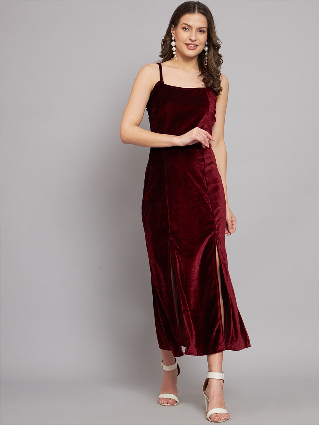 VAARARO Velvet Shoulder Strap Fit & Flare Midi Dress