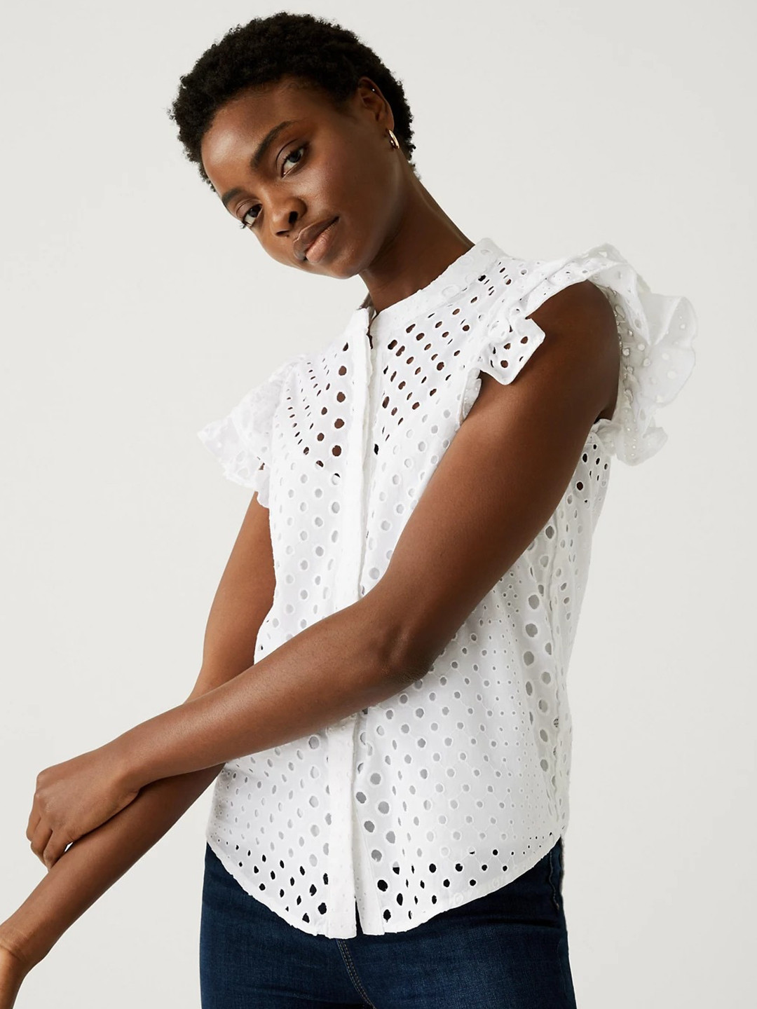 Marks & Spencer Self Designed Mandarin Collar Schiffli Cotton Shirt Style Top