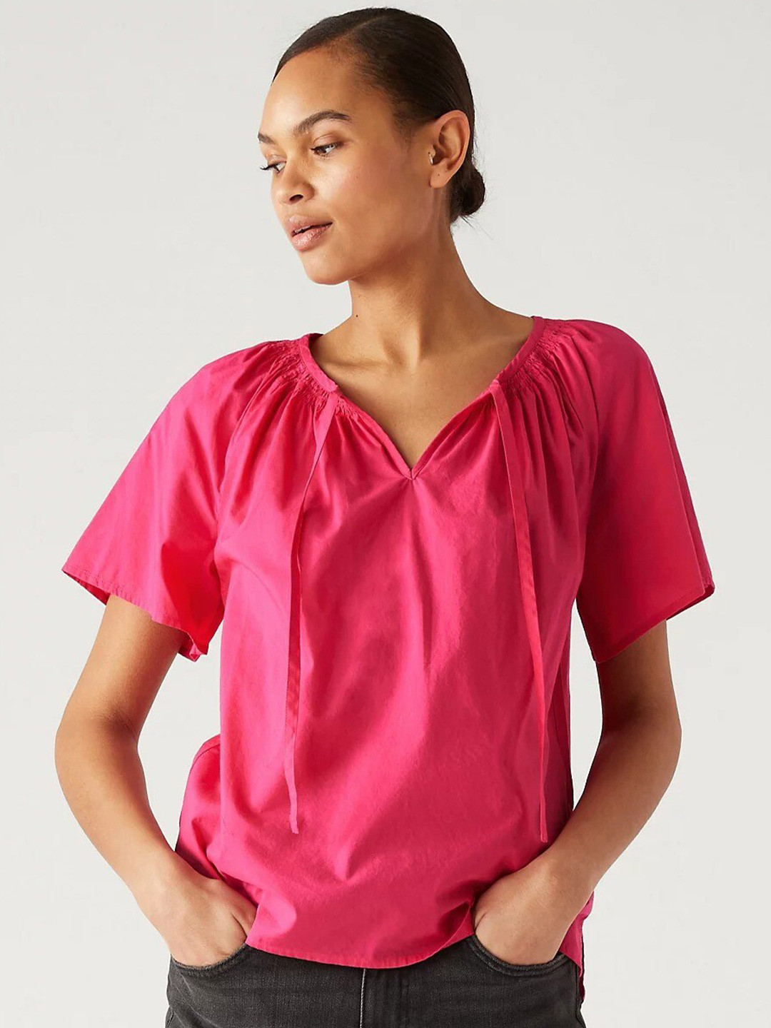 Marks & Spencer Tie-Up Neck Raglan Sleeves Pure Cotton Top