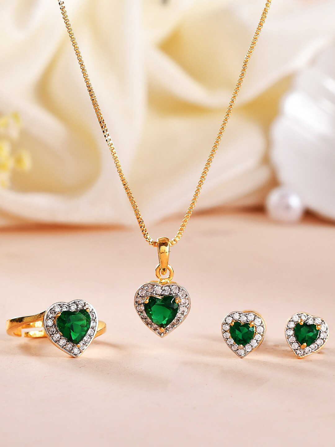 Voylla Gold-Plated Green Heart Shaped Zirconia Pendant Set