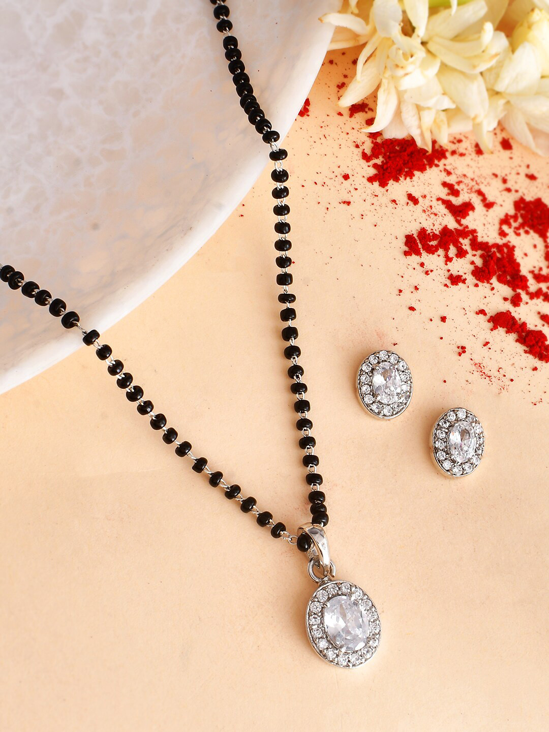 Sparkling Essential White Oval Cz Studded Silver Mangalsutra Set