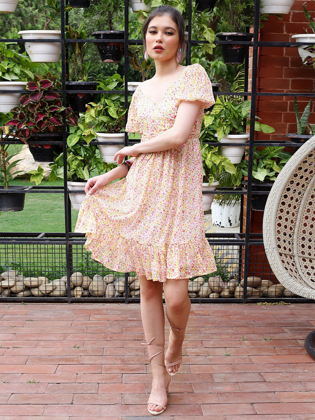 Sera Micro Pattern Floral Printed V-neck Wrap Dress