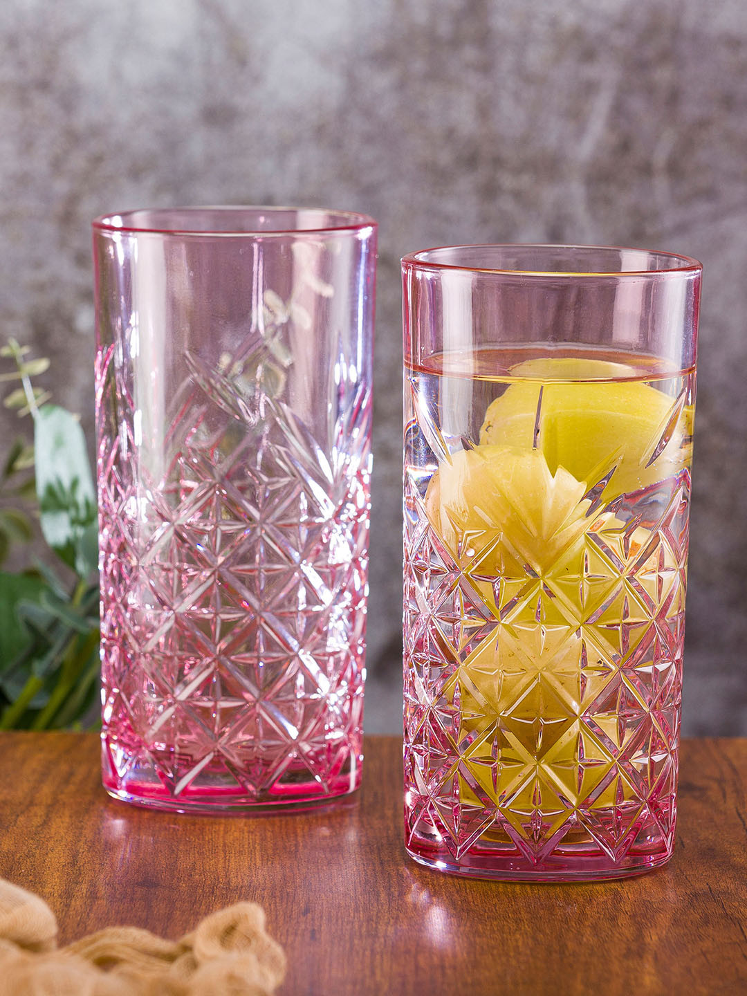 Pasabahce Timeless 2 Pcs Pink Embossed Long Glass Tumbler 450 ML Each