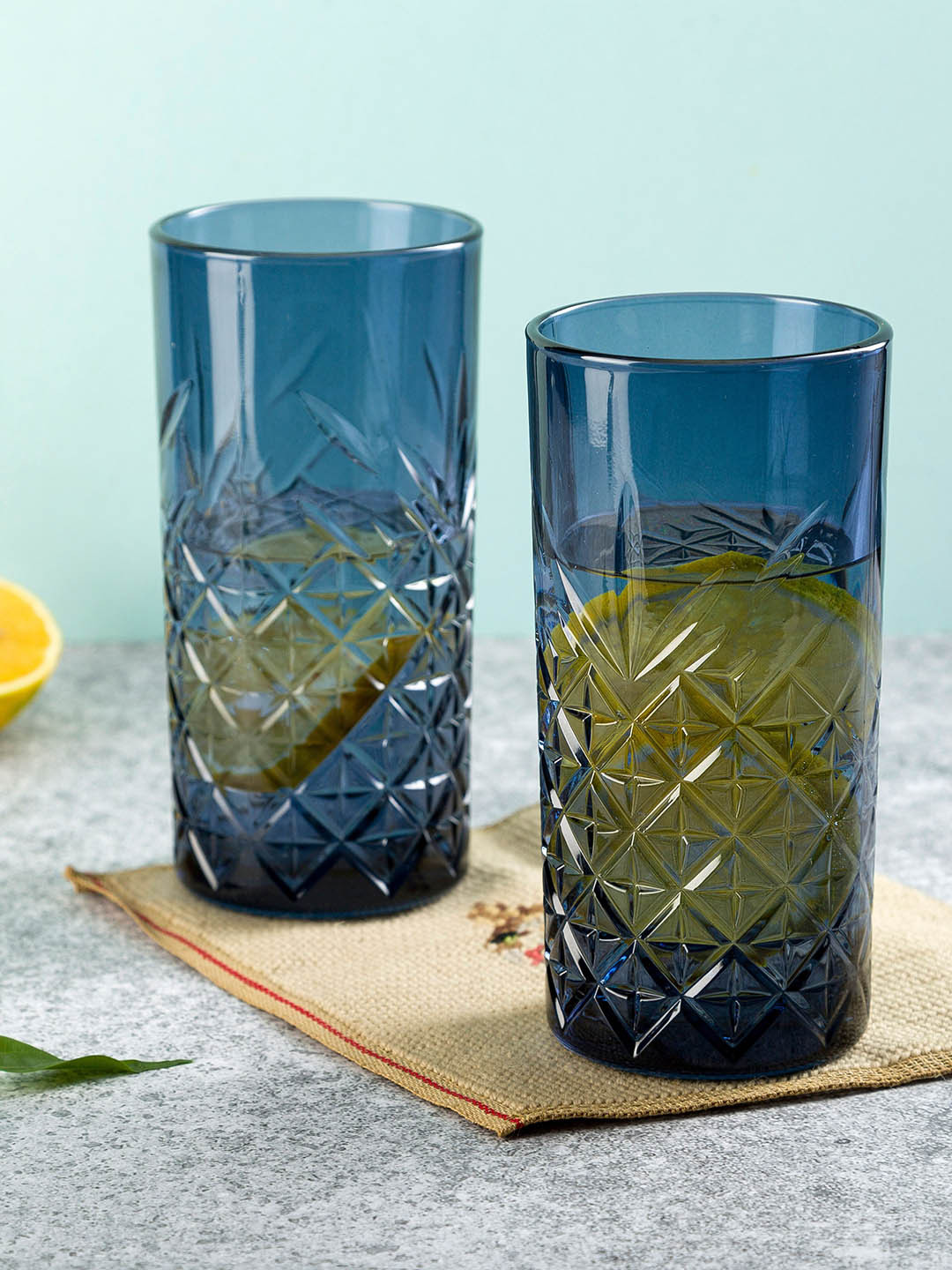 Pasabahce 2-Pcs Blue Textured Water Or Juice Glasses - 450 ML Each