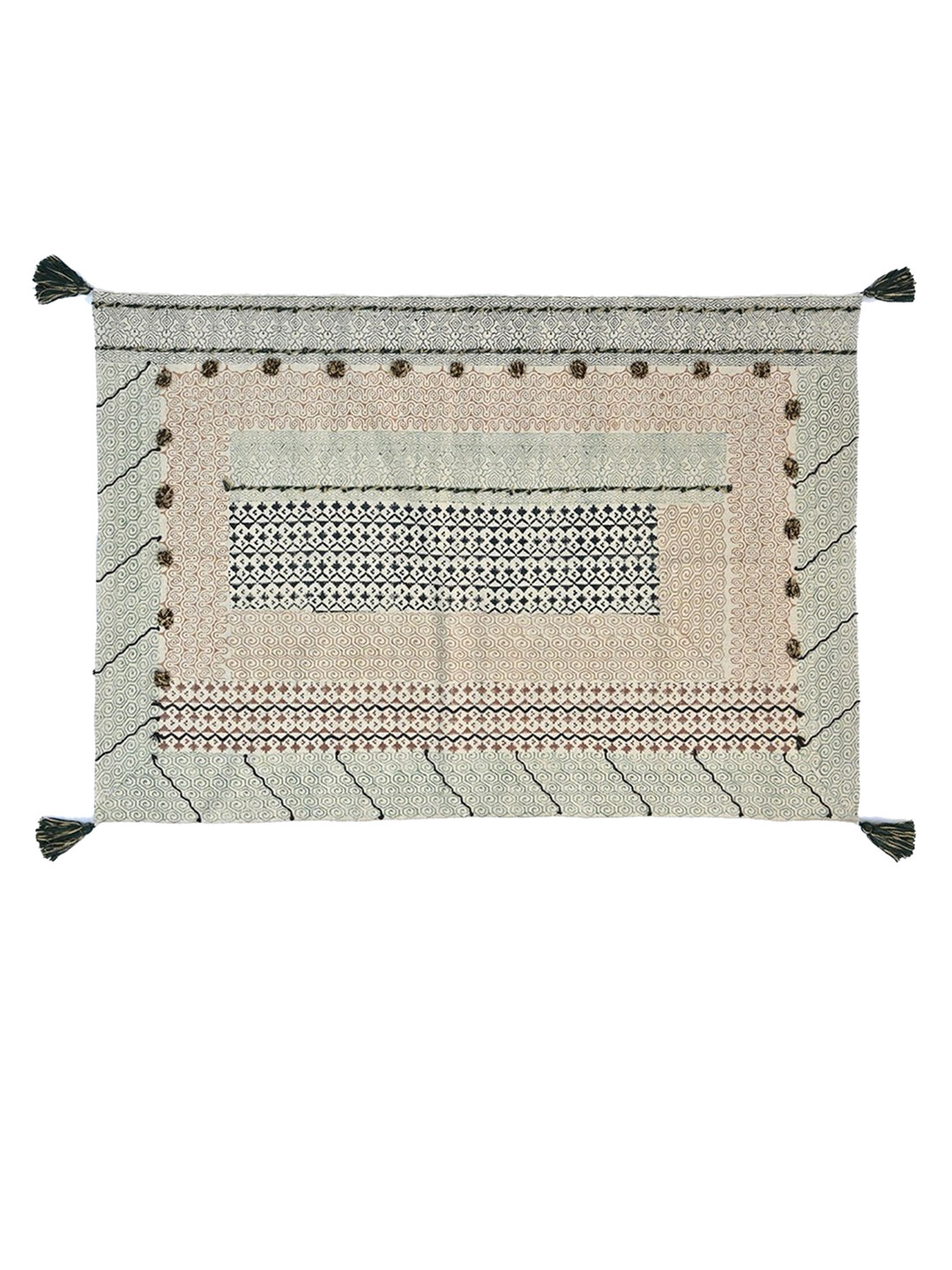 Art Avenue Beige & Green Block Printed Prorsum Cotton Carpet