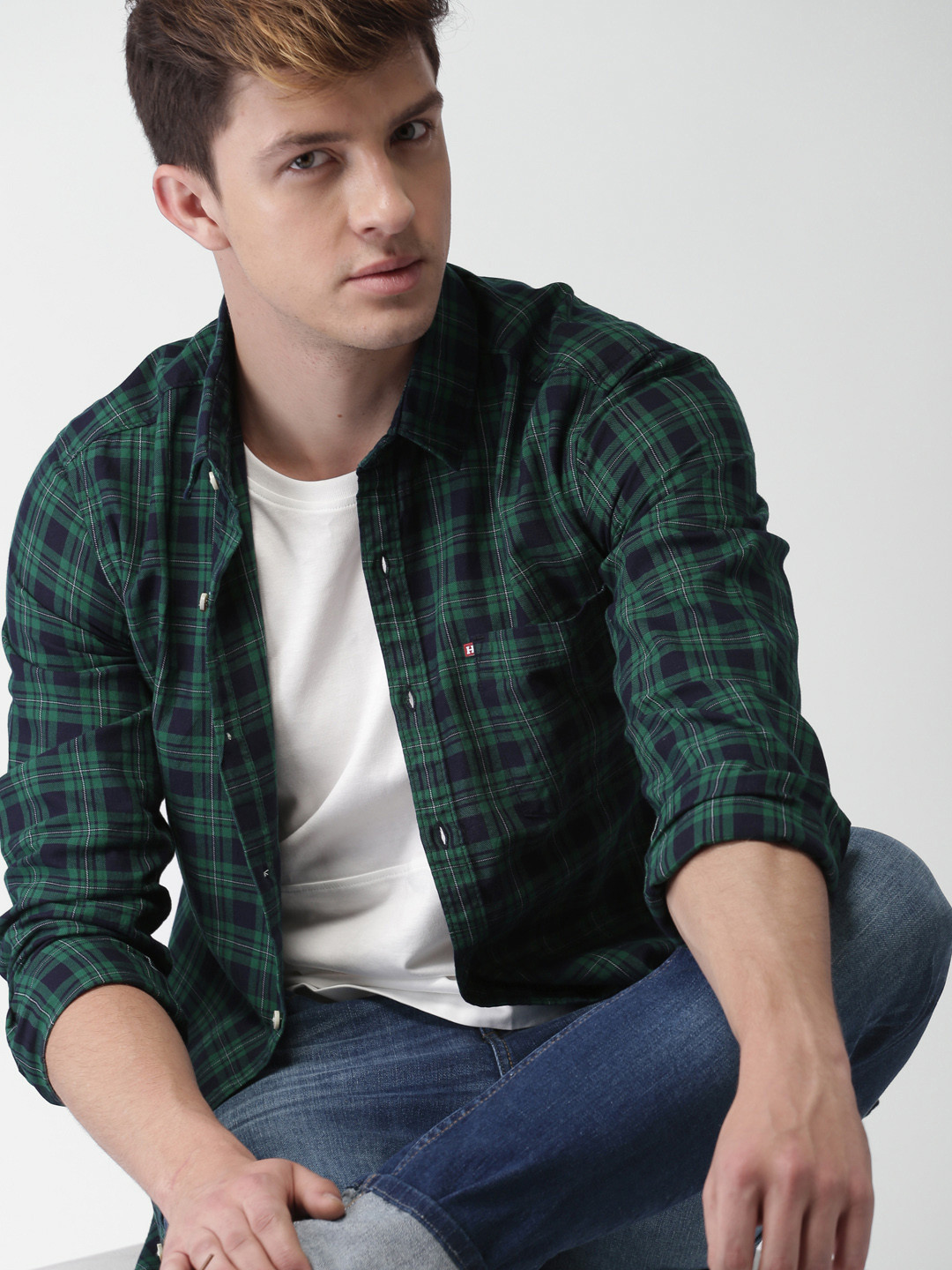 Harvard Men Navy & Green Slim Fit Checked Casual Shirt