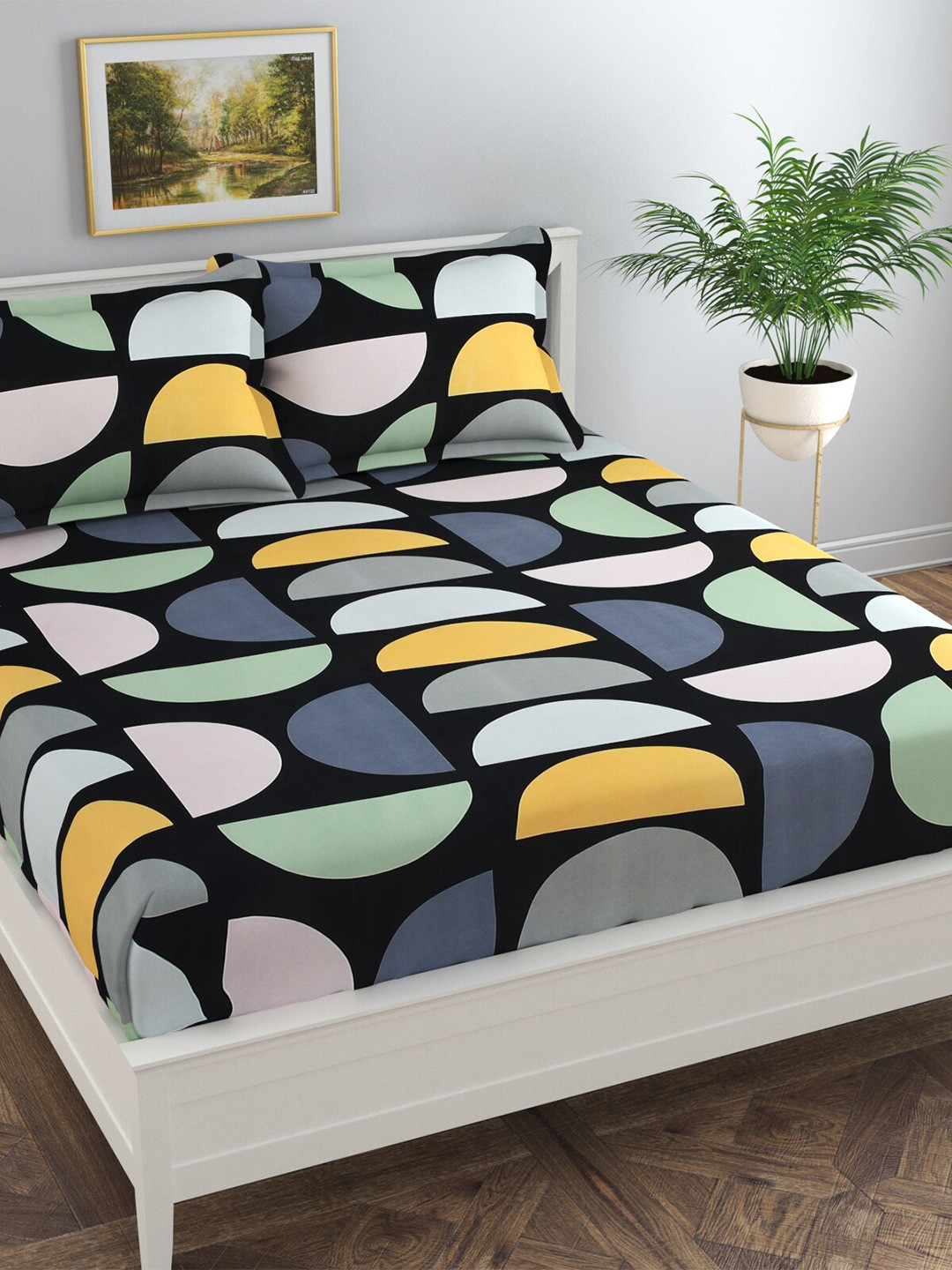 Florida Black & Green Geometric 180 TC Queen Bedsheet with 2 Pillow Covers