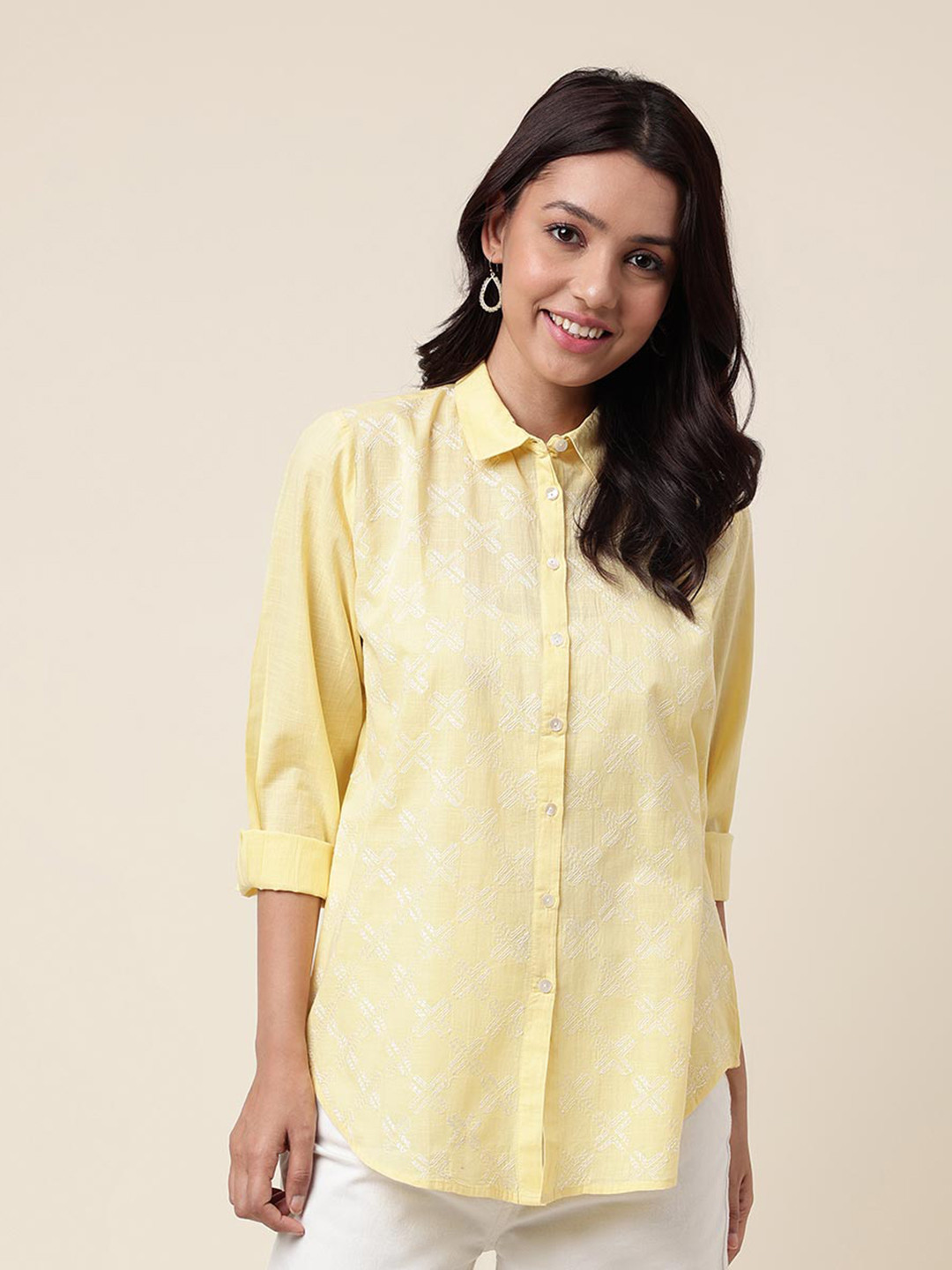 Fabindia Self Design Embroidered Cotton Casual Shirt