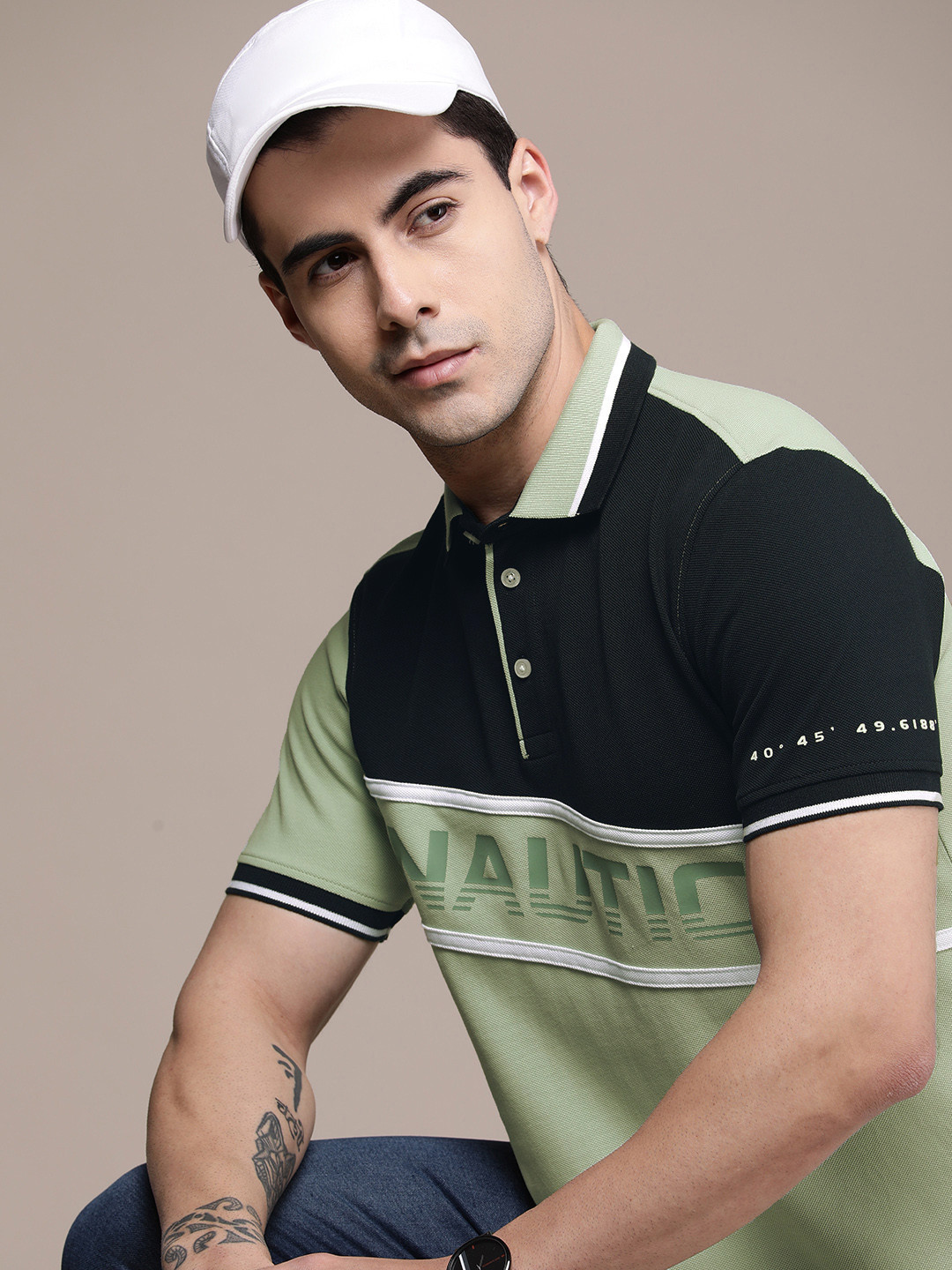 Nautica Brand Logo Colourblocked Polo Collar Pure Cotton T-shirt