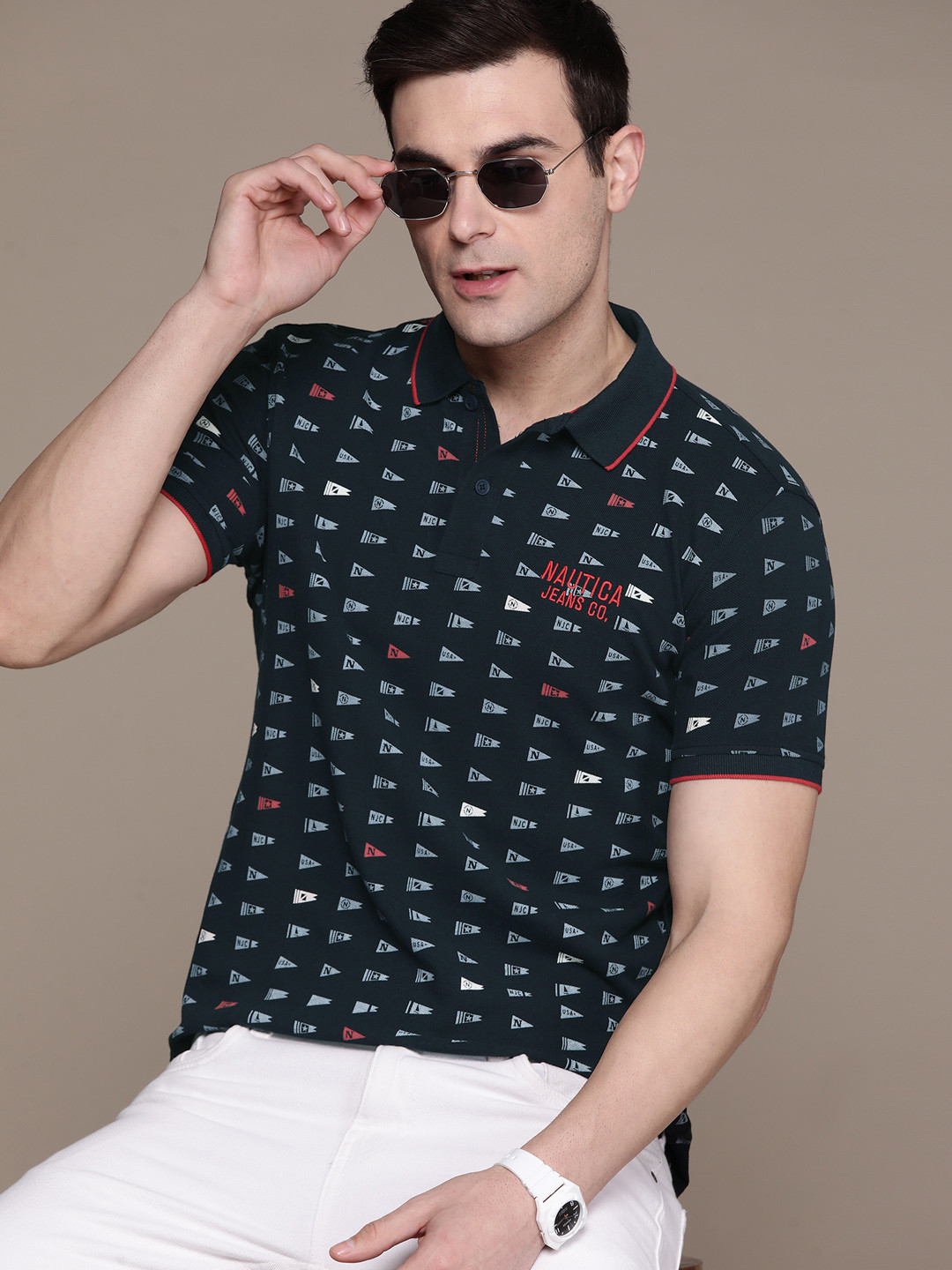 Nautica Nautical Printed Polo Collar Pure Cotton T-shirt