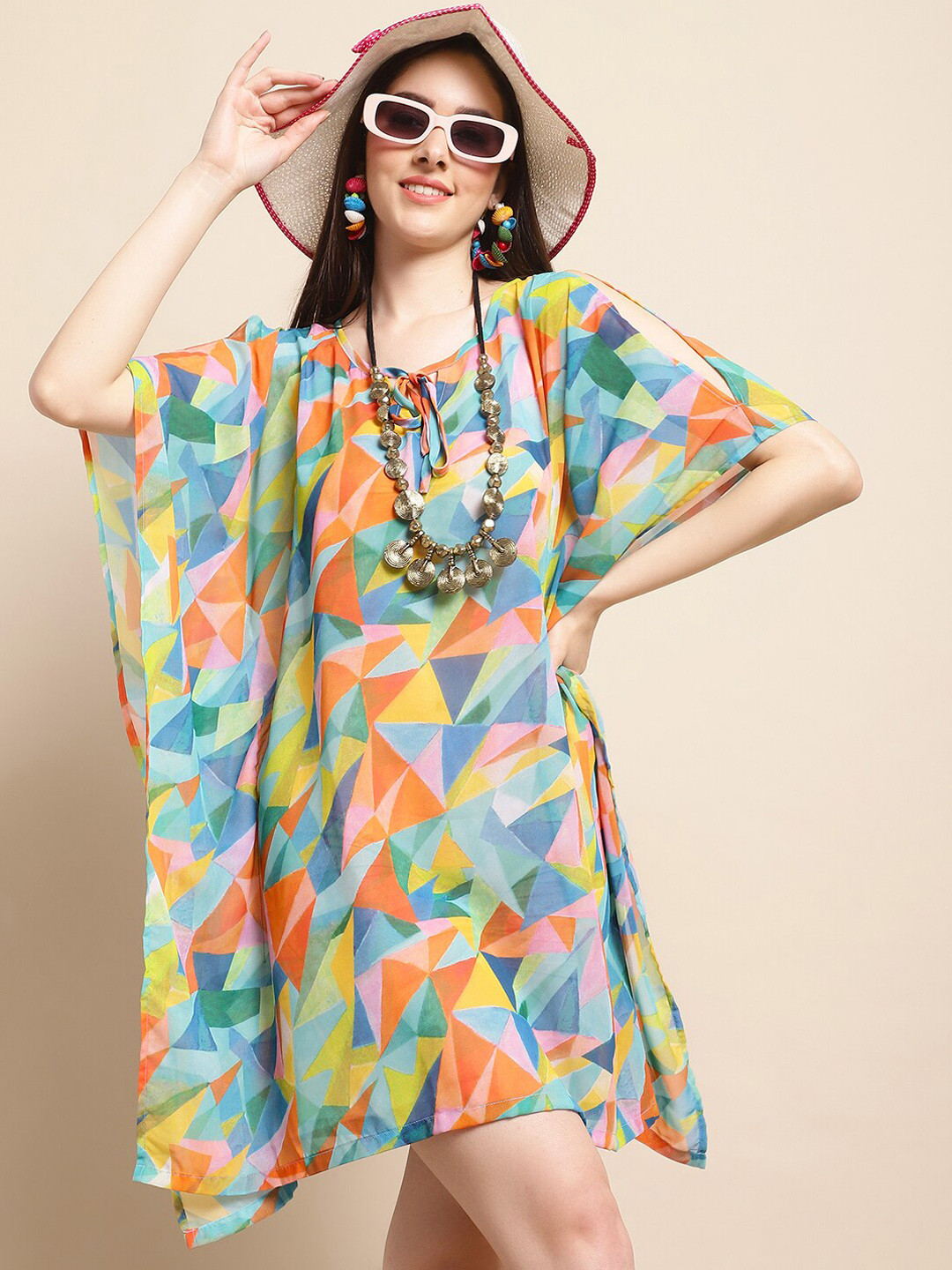 Claura Geometric Printed Swimwear Cover Up Kaftan Top