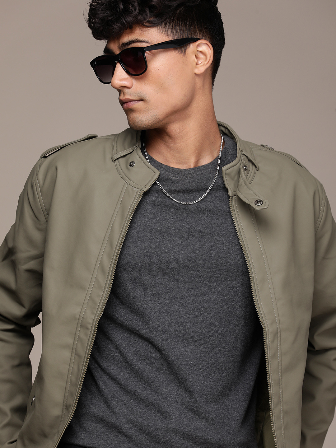 WROGN Solid Stand-Collar Leather Jacket