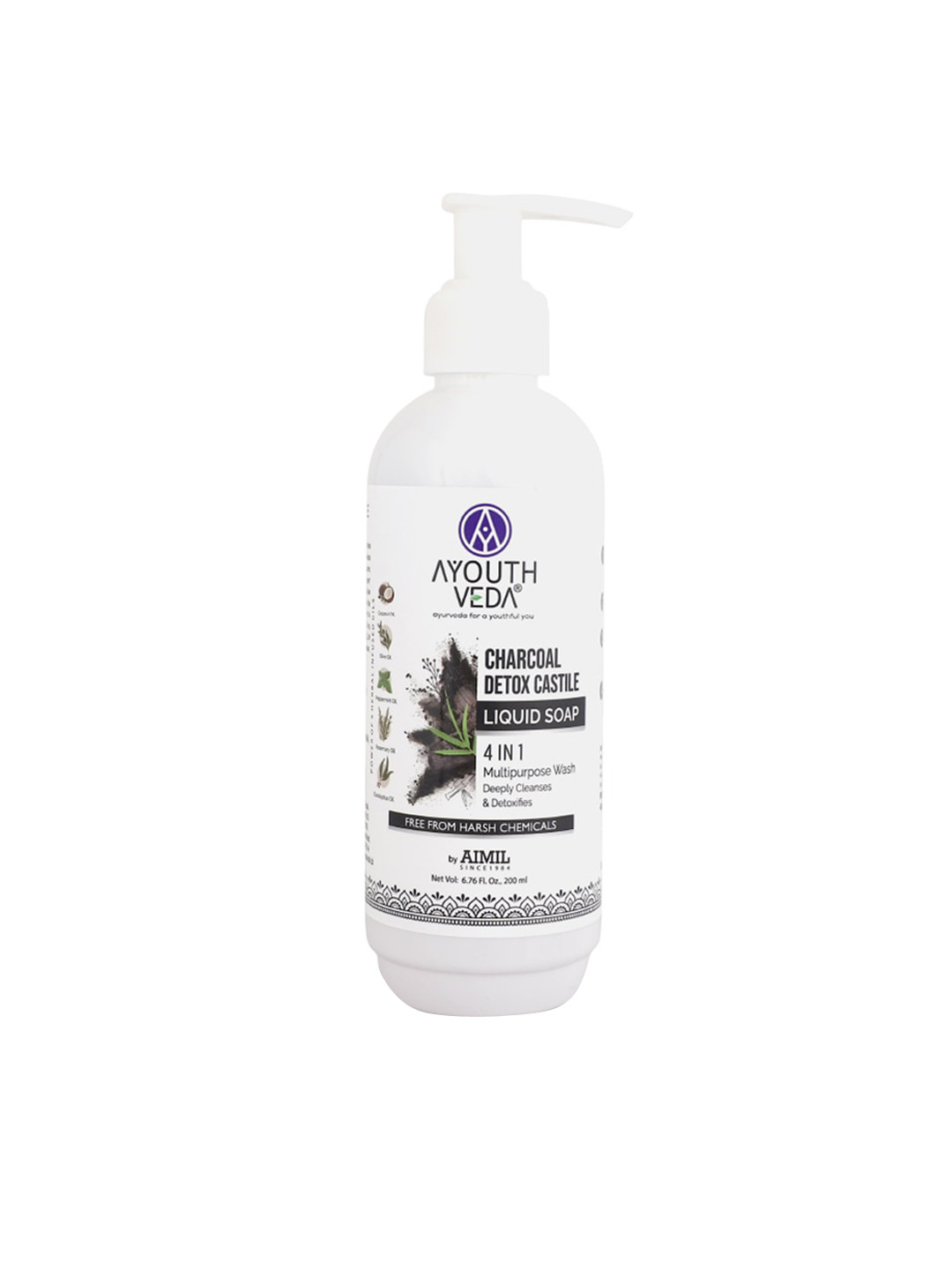 AYOUTHVEDA 4 In 1 Charcoal Detox Castile Liquid Soap - 200 ml