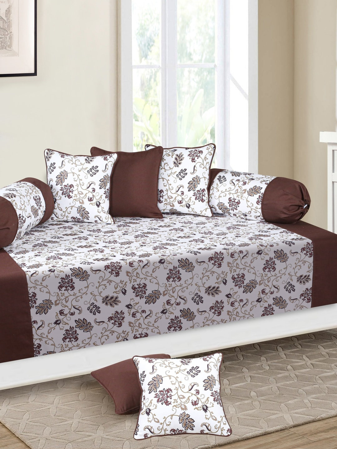 SHADES of LIFE 8-Pcs White & Brown Printed Cotton Diwan Set
