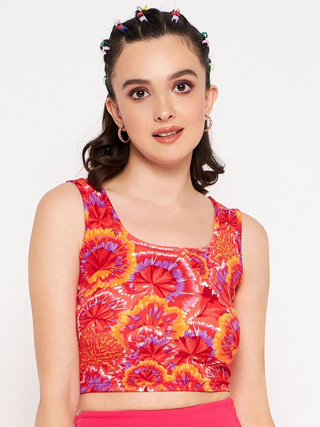 Uptownie Lite Pink Square Neck Floral Printed Sleeveless Tank Top