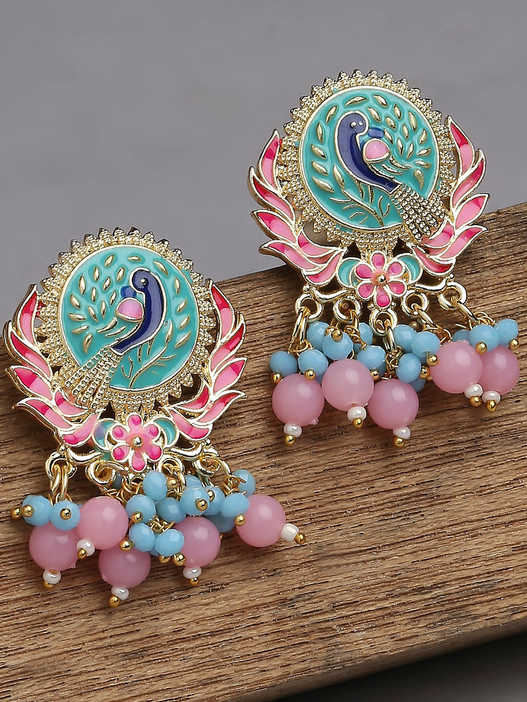 OOMPH Peacock Shaped Meenakari Drop Earrings