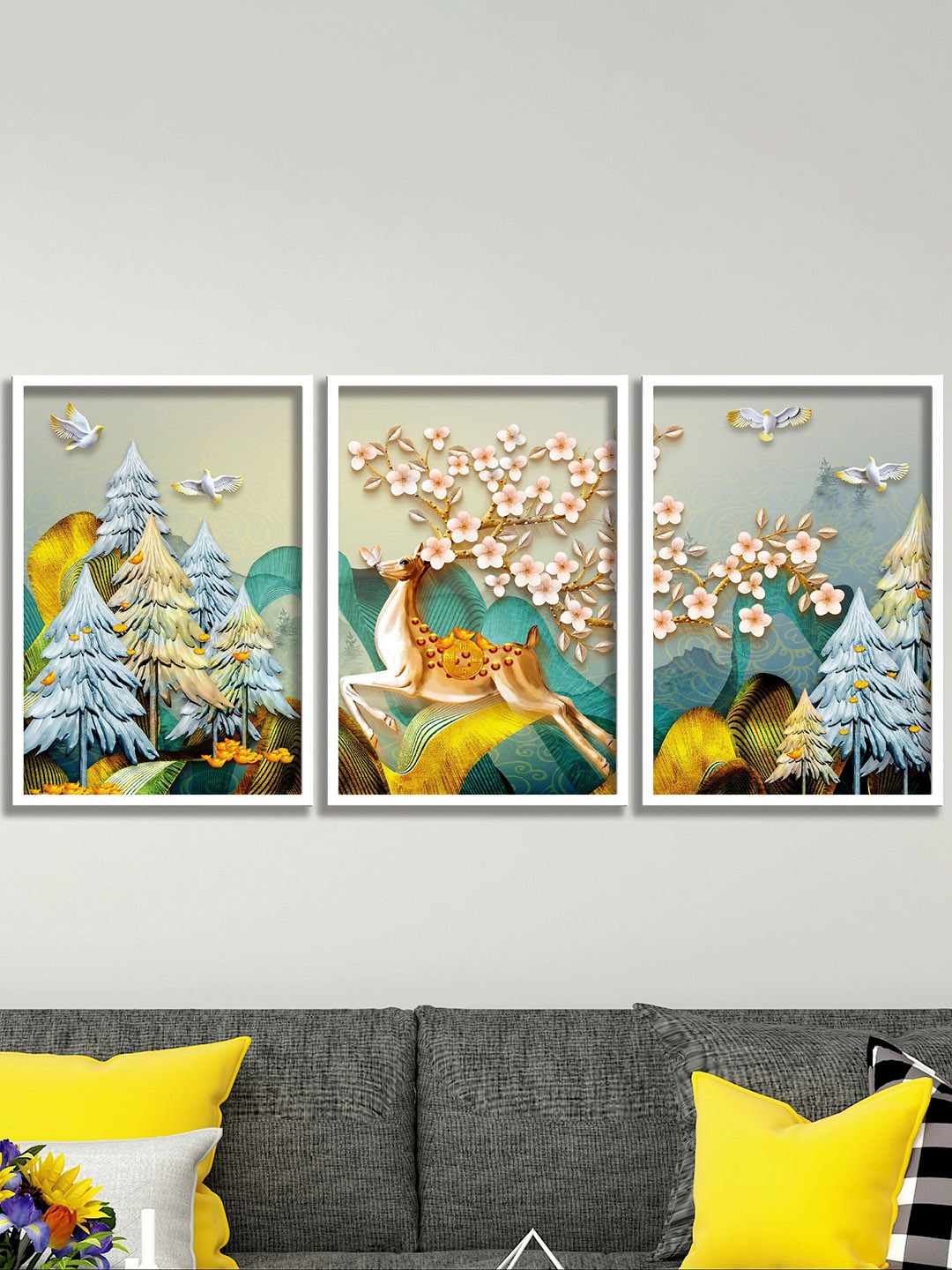 SAF Blue & Orange 3 Pieces Modern Art Painting Wall Arts