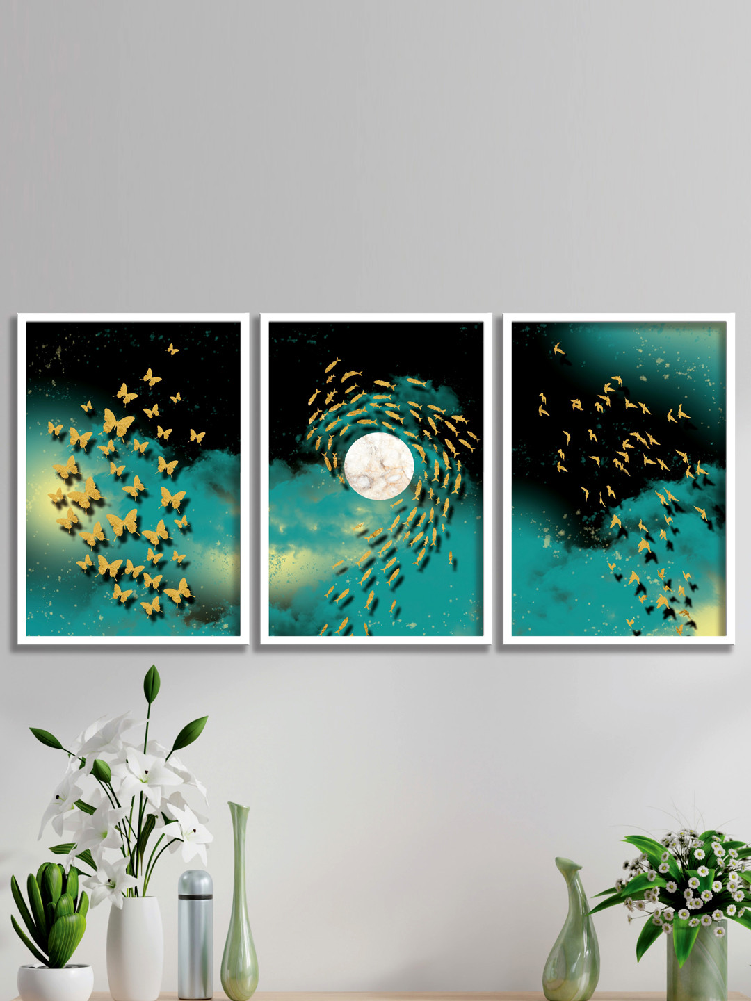SAF Black & Blue 3 Pieces Butterfly-Painted Wall Art