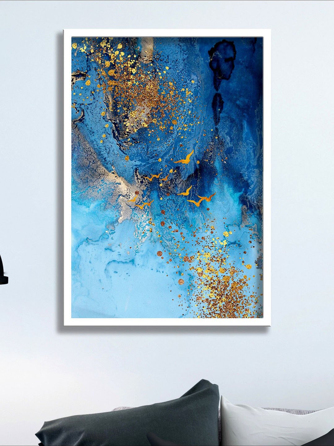 SAF White & Blue Abstract Modern Art Framed Wall Art