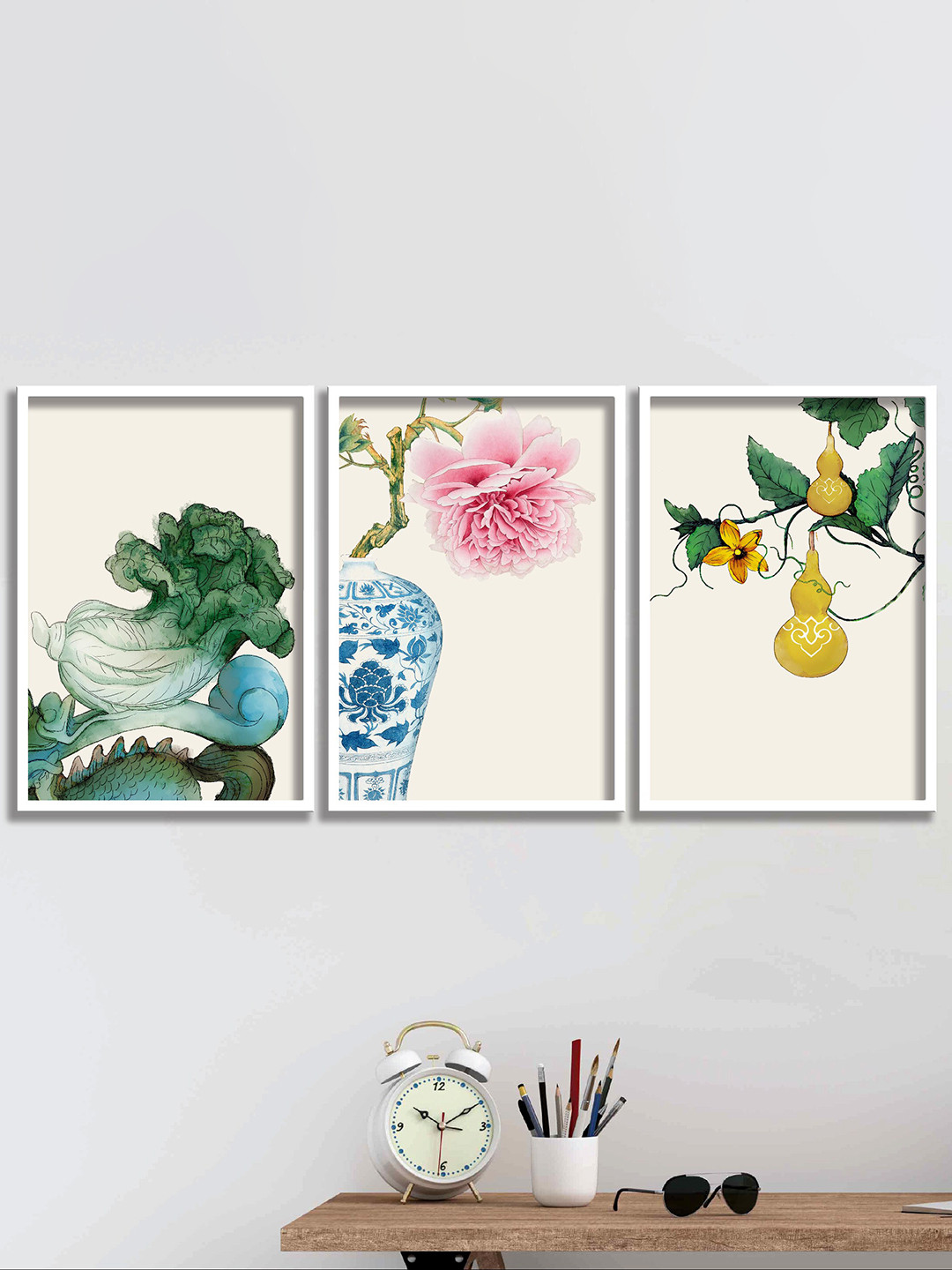 SAF Cream Coloured & Pink 3 Pieces Floral Painted Framed Wall Art