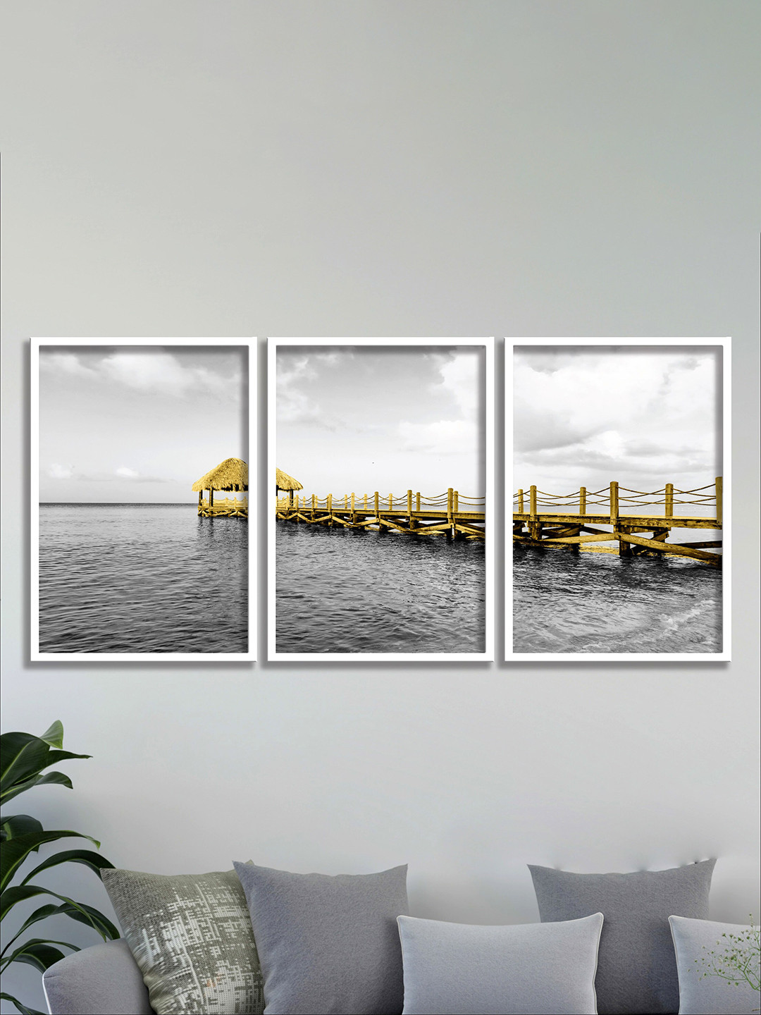 SAF Grey & Yellow 3 Pieces Modern Art Framed Wall Art